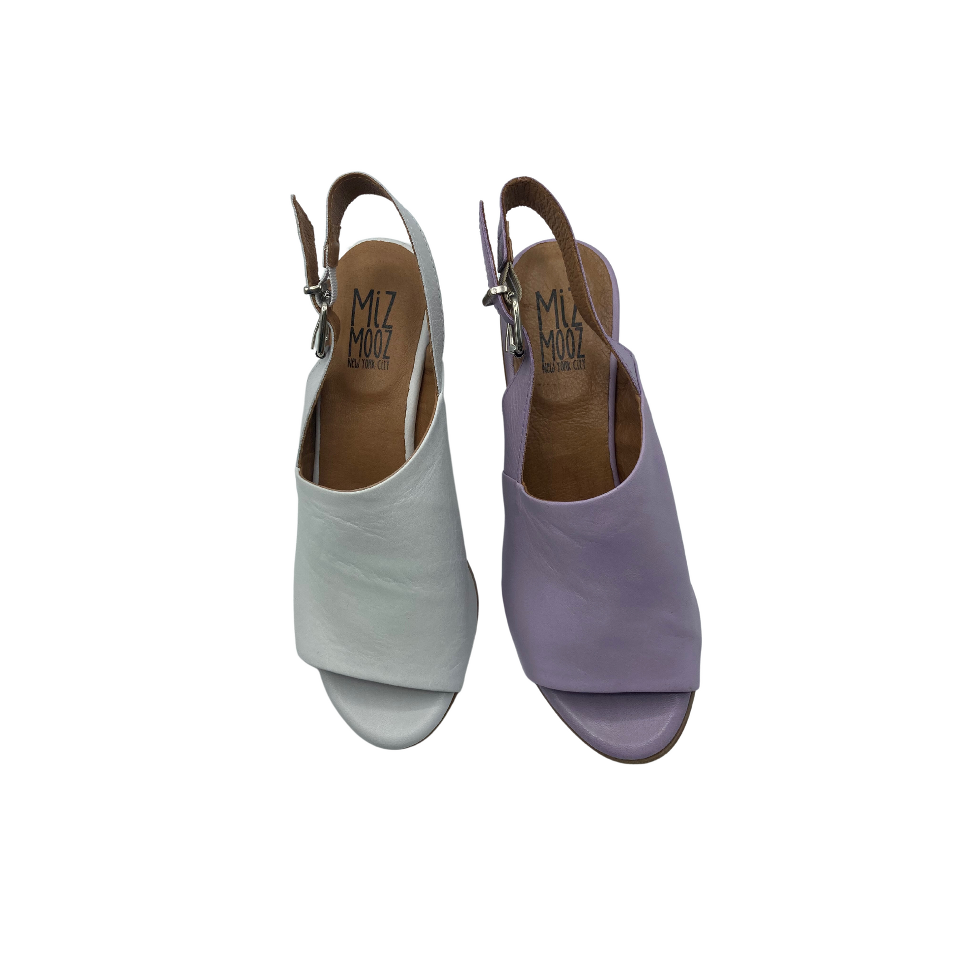 Top down view of a leather sandal in 2 colors - lavender and cloud