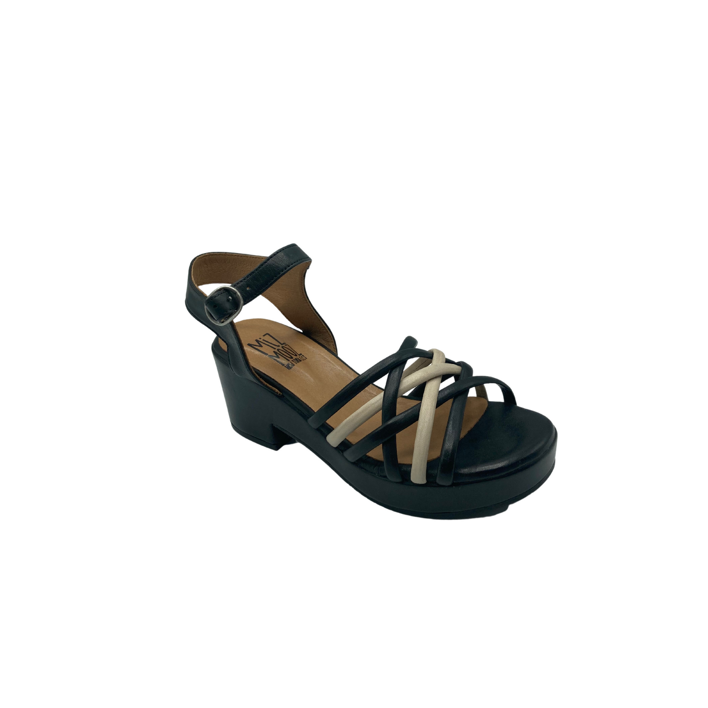 Angled side view of a strappy casual sandal by Miz Mooz.  Neutral colors - black base with cream and black straps