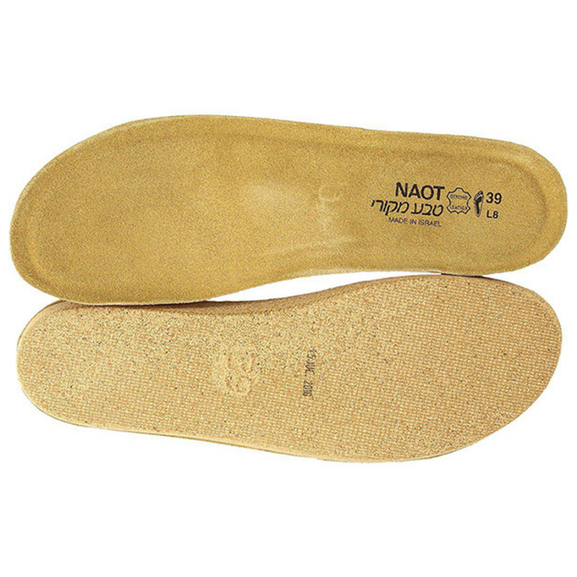 A photo of the cork insole, showing eachside. 