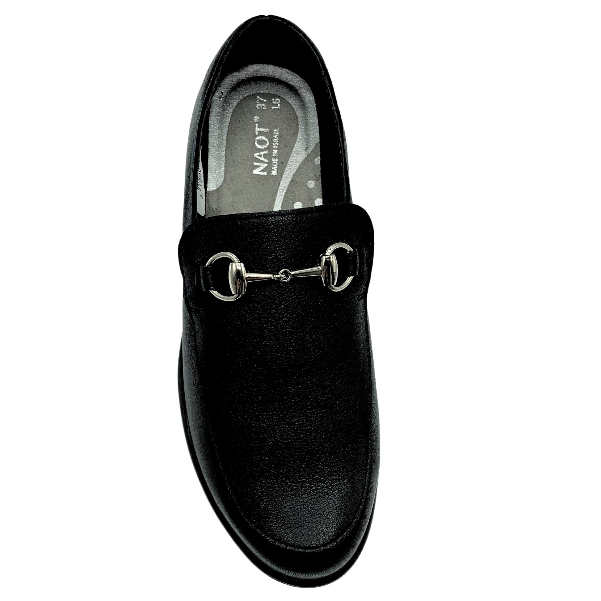Top down view of leather loafer with gold metal detail 