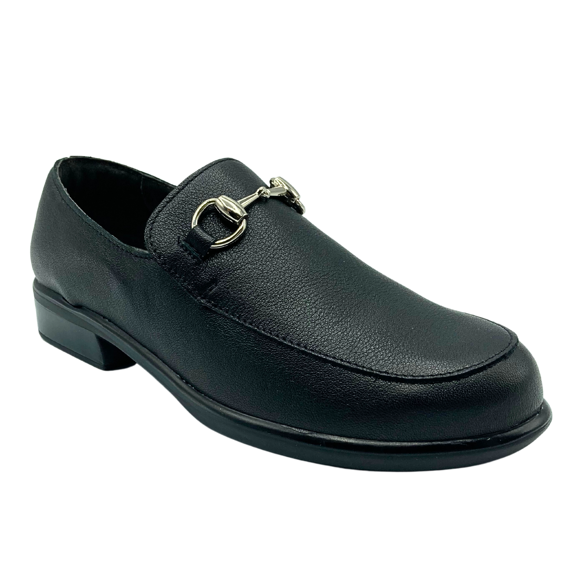 Angled front view of basic black loafer with a gold metallic detail 