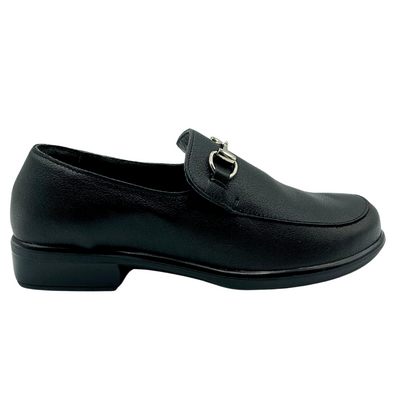 Side view of a basic black loafer.  Slip on style with a slight lift at the back and gold buckle detail on top of foot
