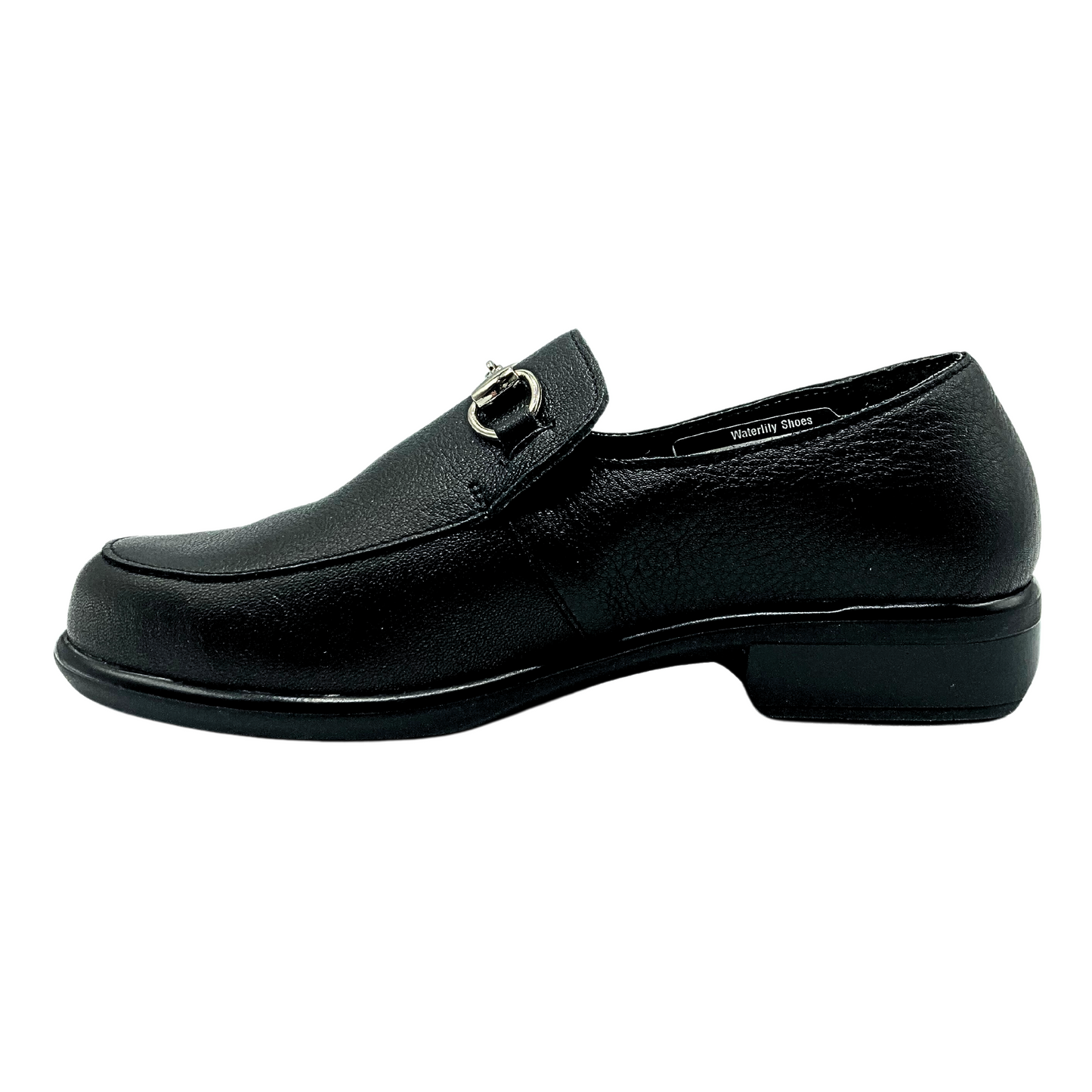 Inside view of basic loafer in black leather.  Slight lift in the heel