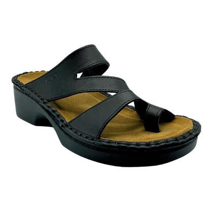 Angled front view of a ladies walking sandal in a black leather with black sole