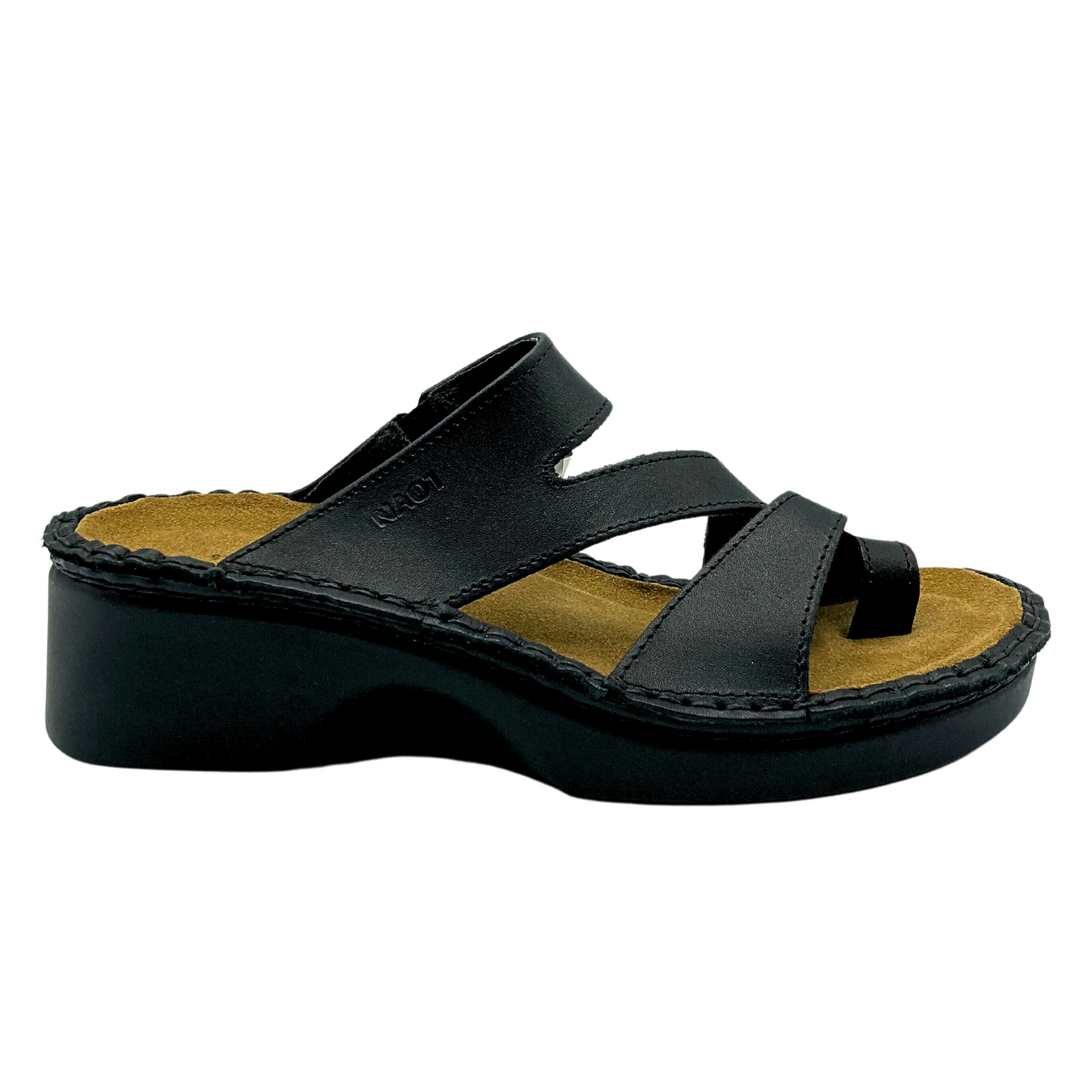 Outsie view of a ladies black leather walking sandal.  Slight lift at the heel.  Toe loop on front.