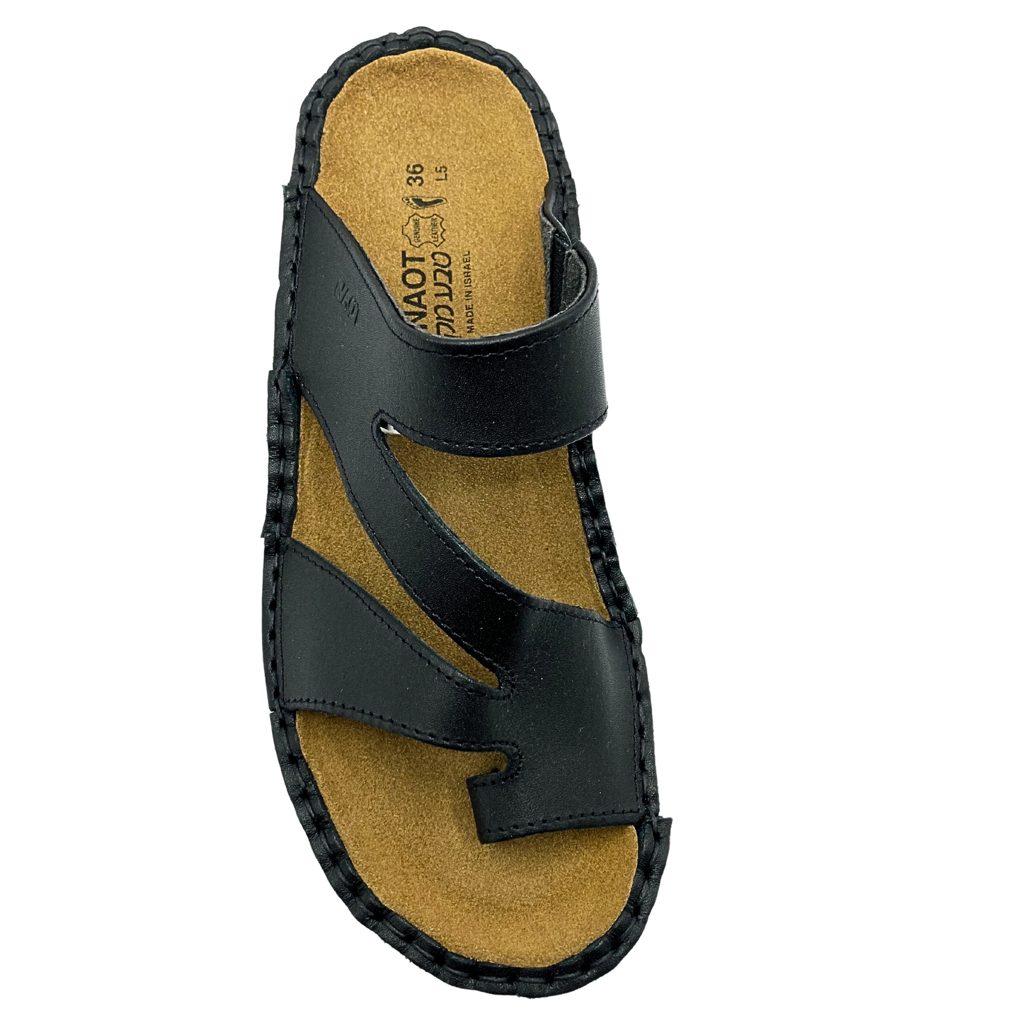 Top down view of ladies walking sandal.  Leather insole and upper.  Slip on style with toe loop