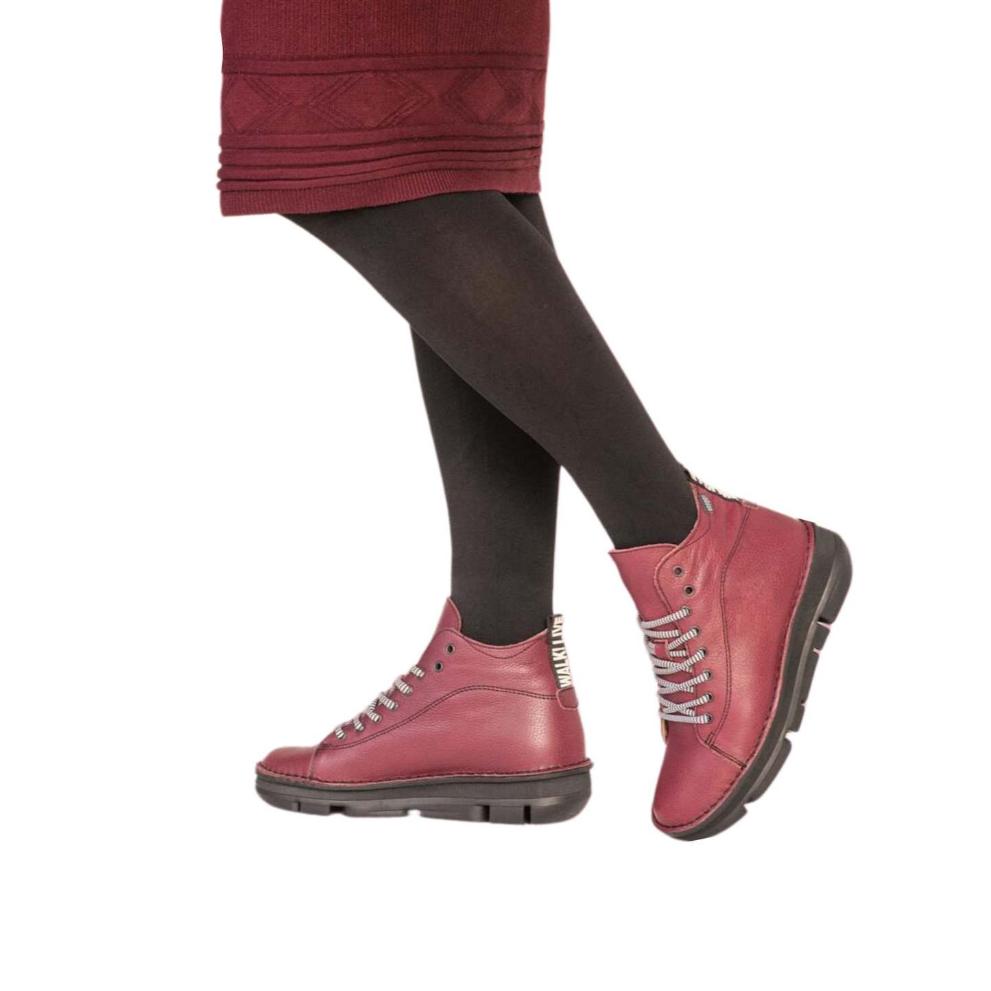 Front angled and side profiles of a pair of On Foot Botin Boots in the colour Burdeos (Bordo) being styled by a Model.