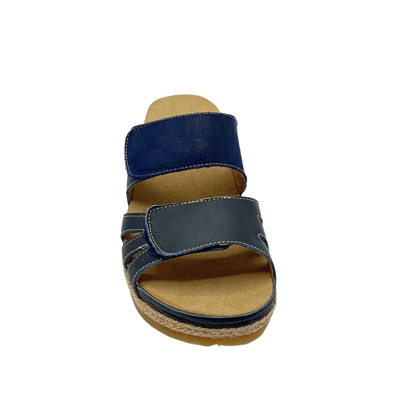 Front view of open back sandal in a navy color with white stitching detail.  Rubber outsole