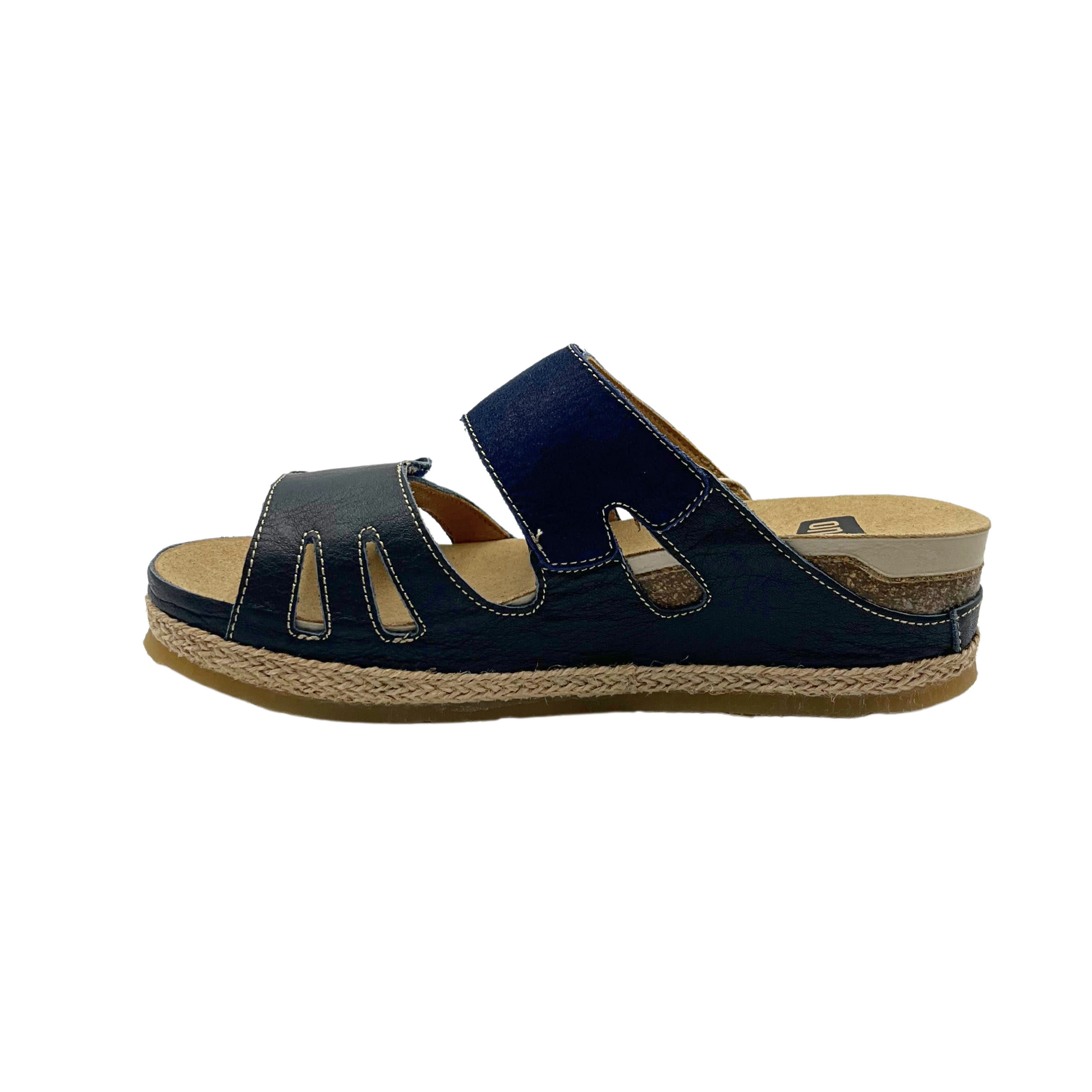 Outside view of open back sandal in navy.  Contoured footbed provides comfort and support.