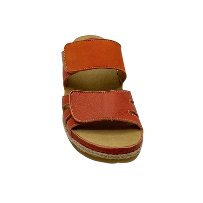 Front view of Onfoot Cynara sandal.  Two thick straps with velcro adjustment.  Open back