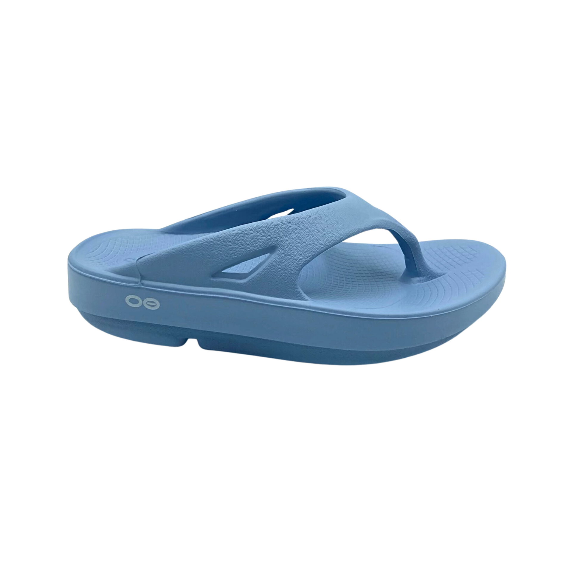 Outside view of right foam sandal with toe post.  