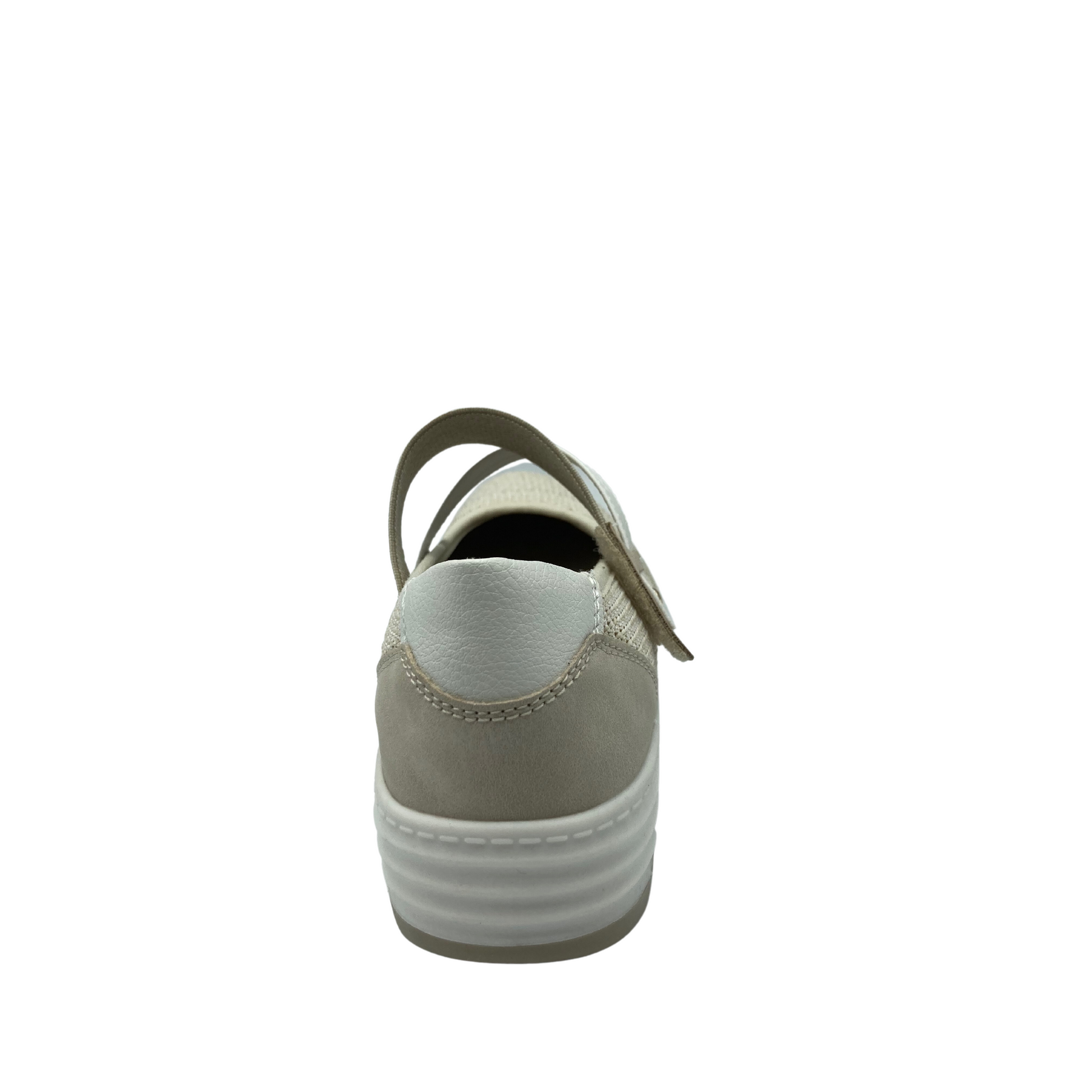 Rear vew of Mary Jane style shoe in a cream non leather material.  Sporty look with white sole and white panel at the heel