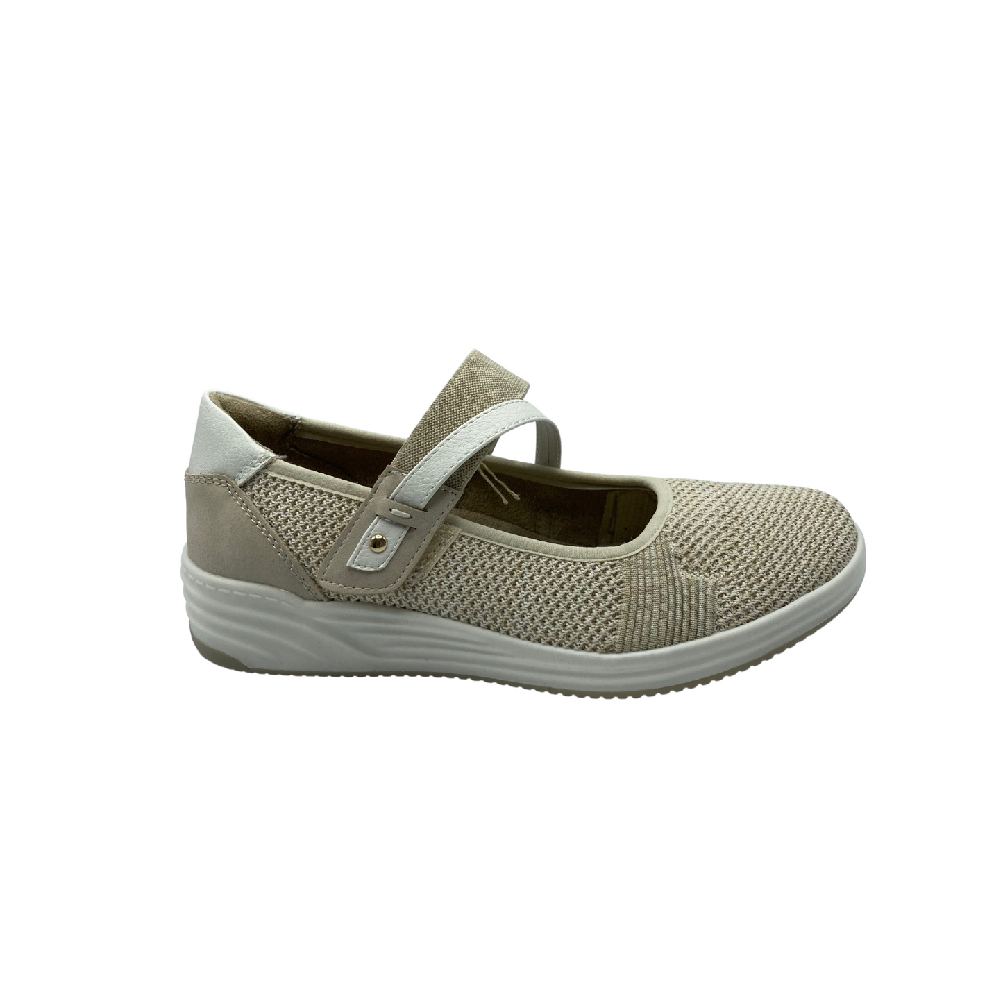 Outside view of Mary Jane style shoe done in a cream, non leather material.  Double cross straps have velcro adjustment