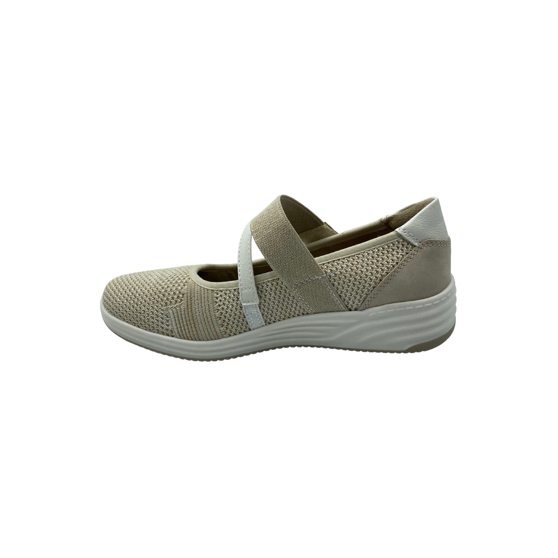Inside view of a cream colored Mary Jane style shoe done in a non leather material.  Very sporty looking with white sole 