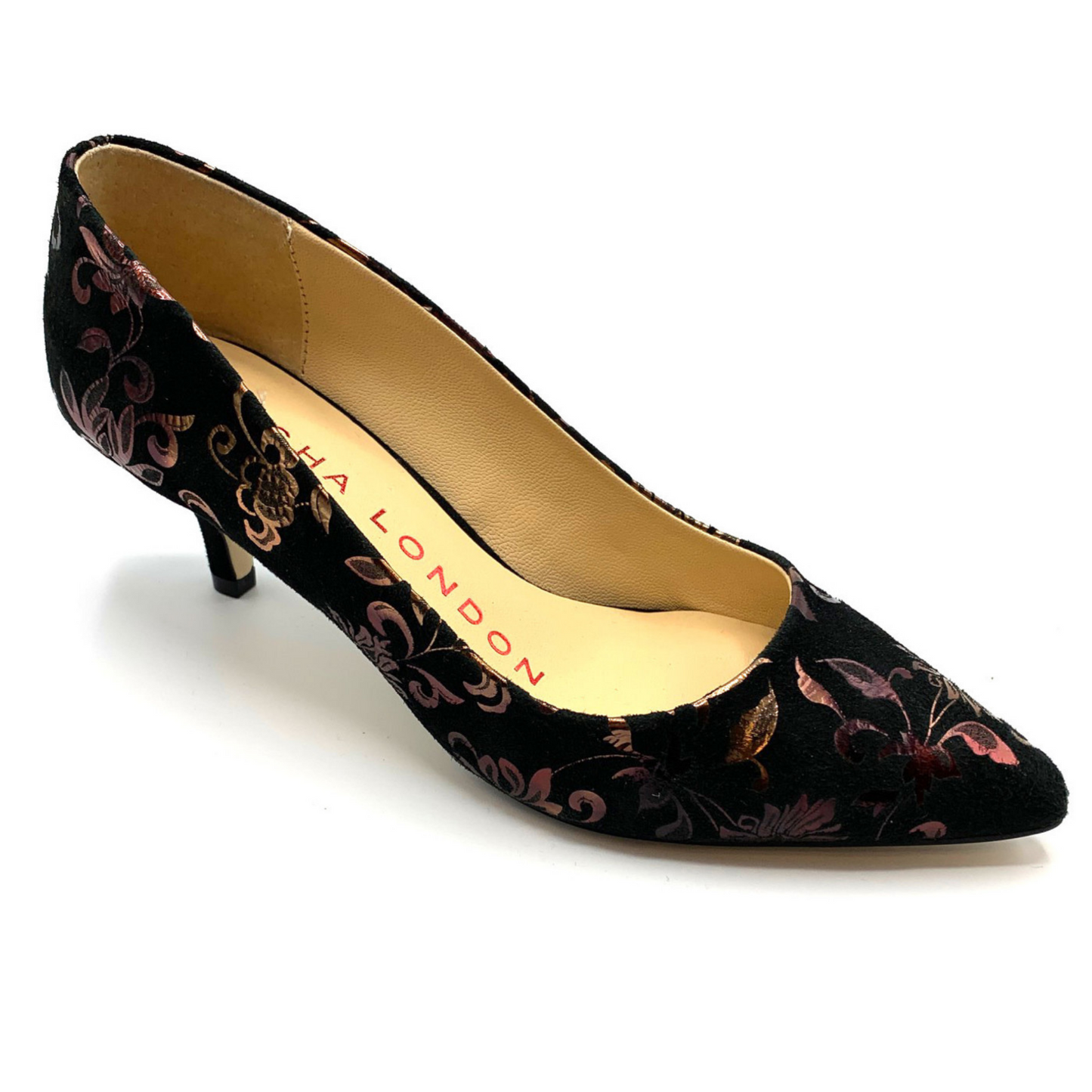 A view of the right side of the heel, showing the 2 inch kitten heel and the pretty flower print.