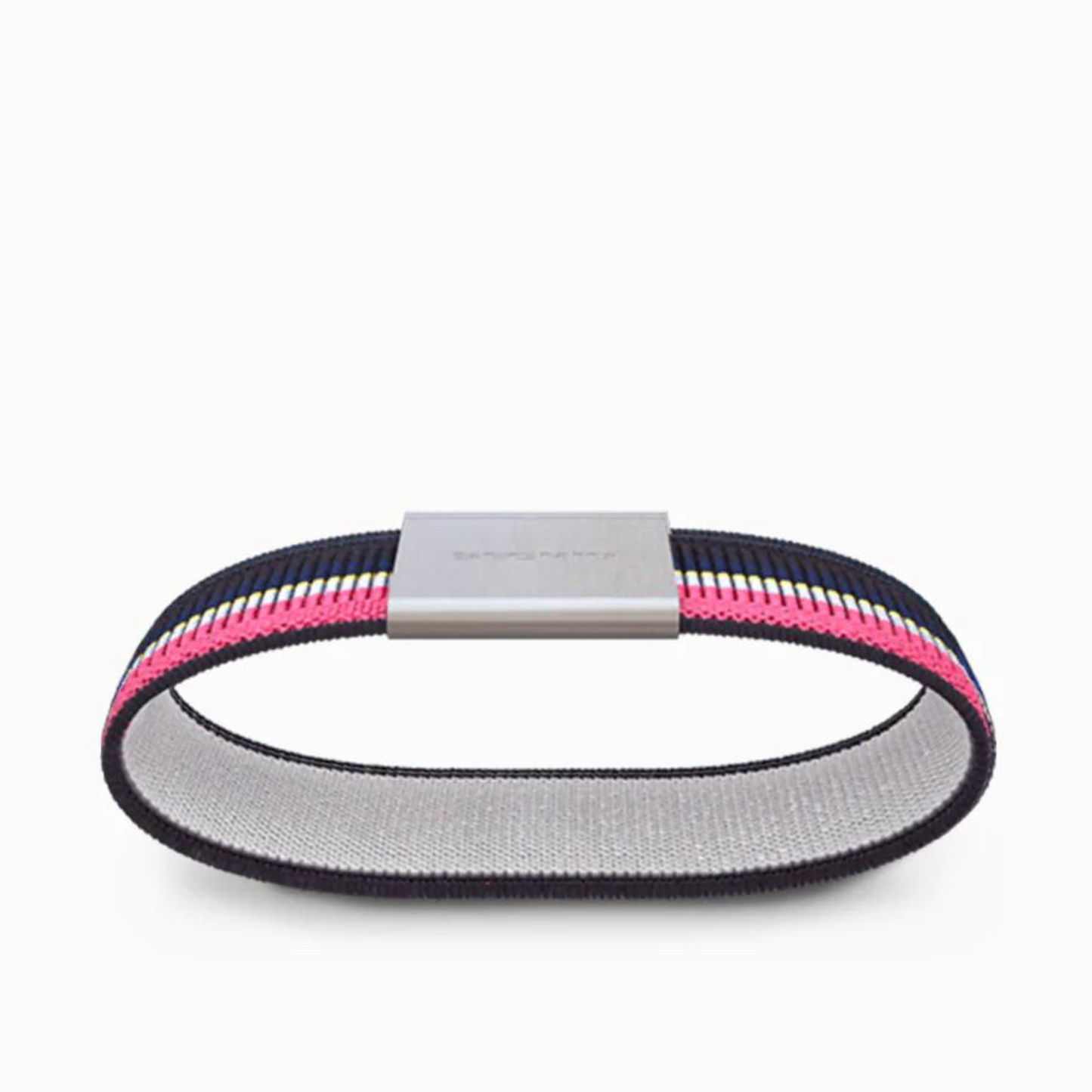 The neon pink stripped band is pictured from below revealing the light grey lining. The silver metal buckle sits on the top of the loop.