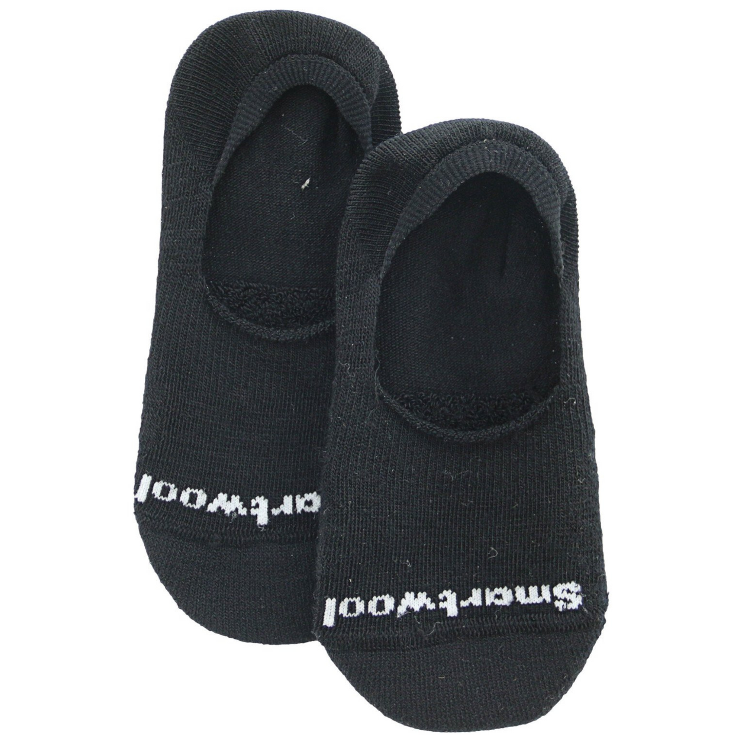 A photo of a black pair of no show socks with a white smartwool logo across the toe.
