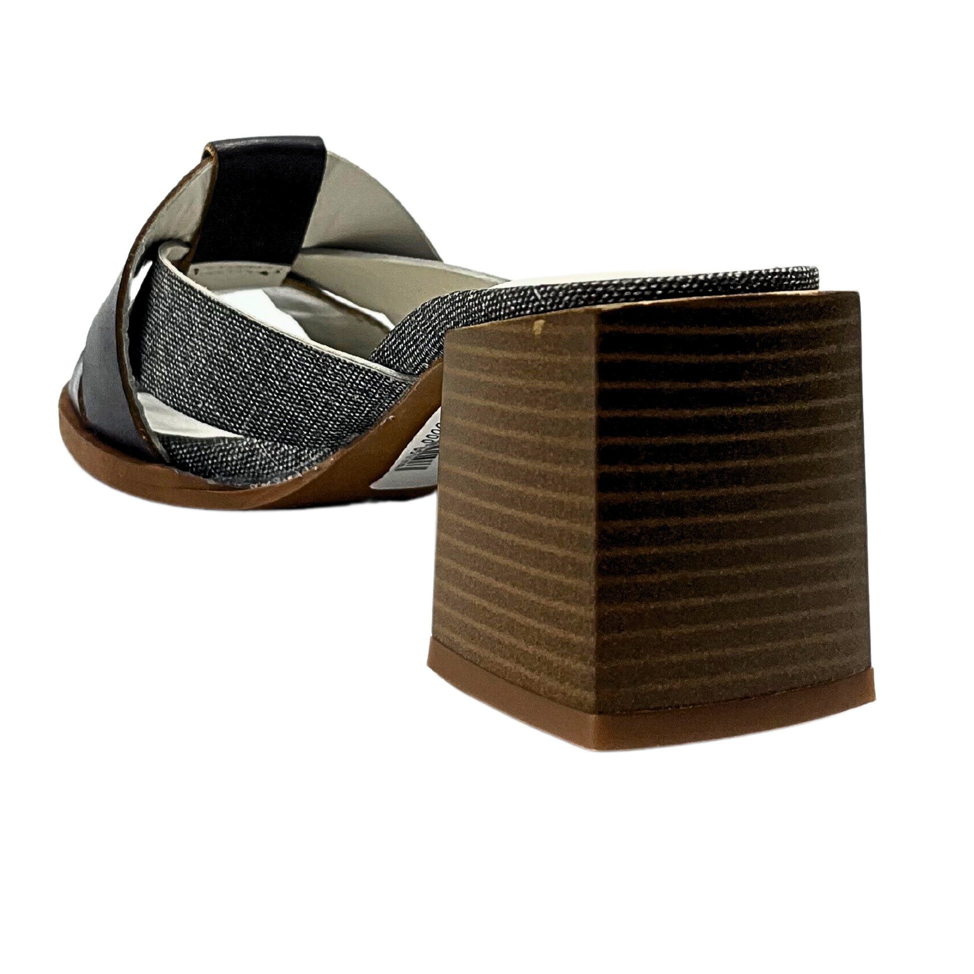 Angled rear view of Unity in Diversity Soraya.  Square block heel in a stacked wood 