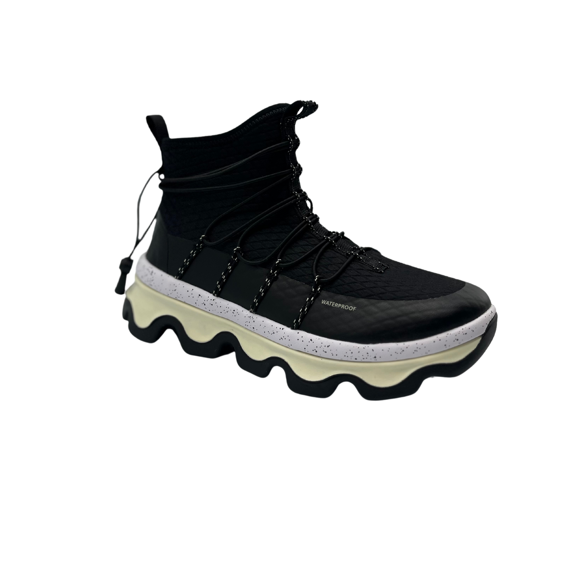 Oe black boot is pictured in profile with egg carton inspired sole.The boot has toggle laces for easy on and off.