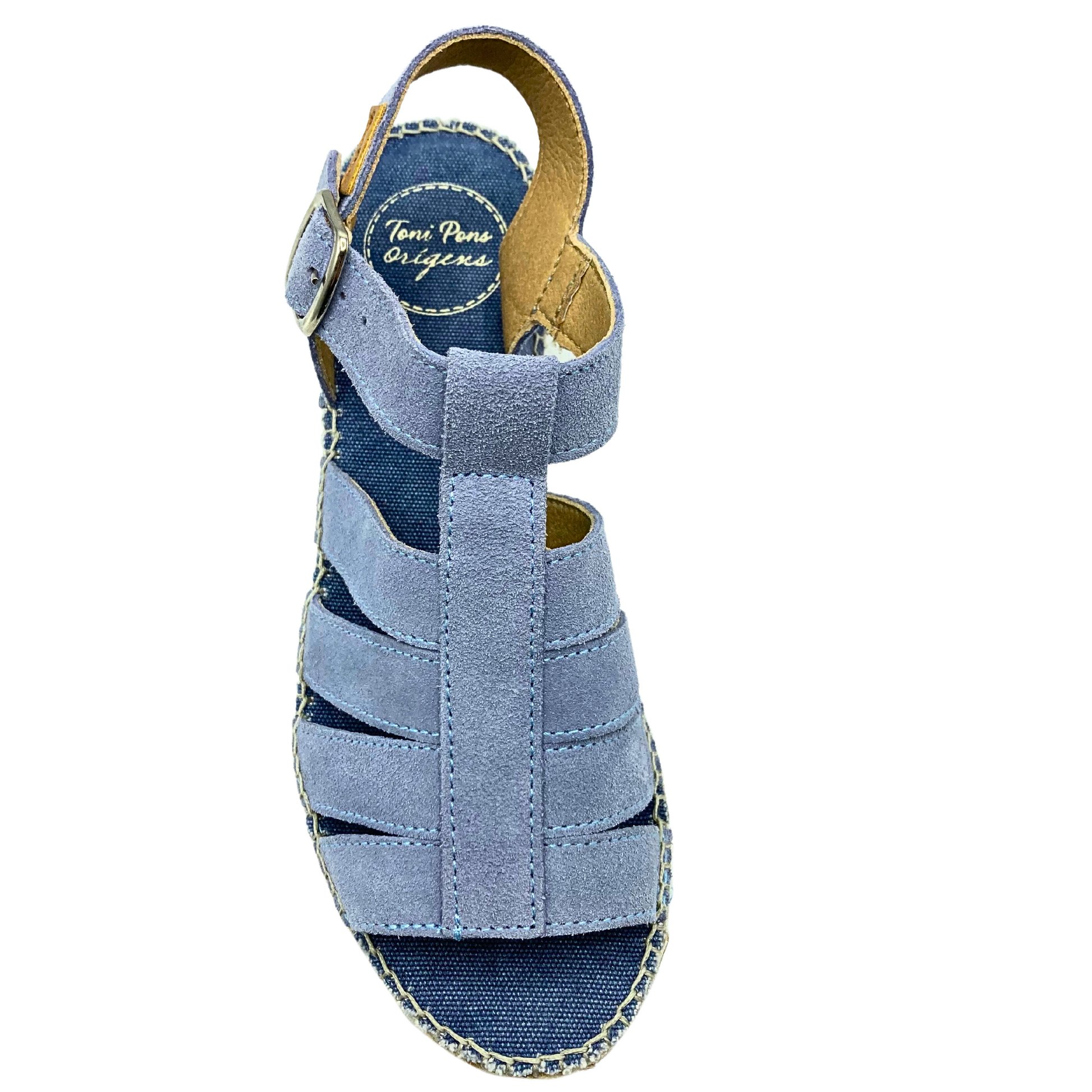 Top down view of a soft blue leather sandal.  Fisherman sandal with an open toe.