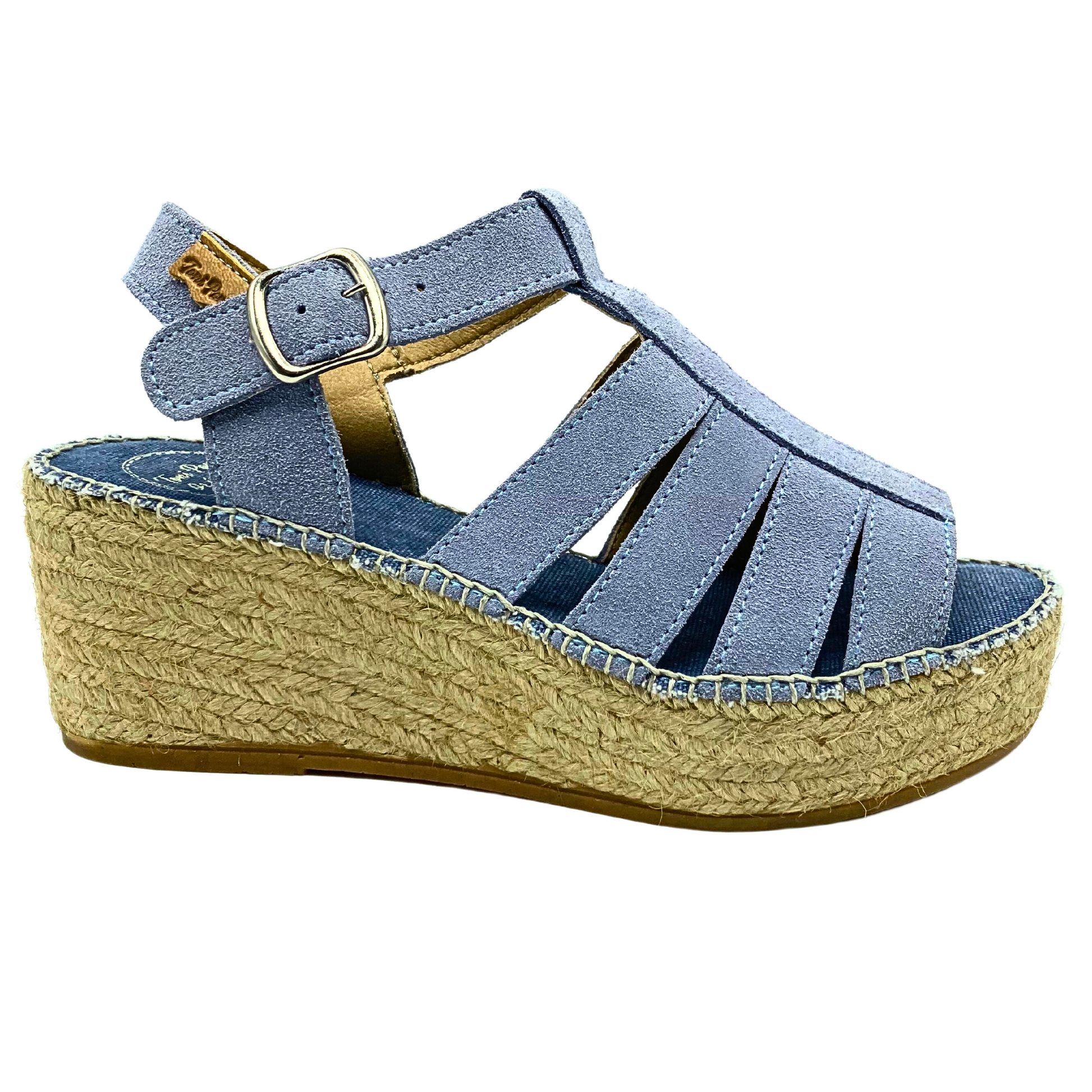 Outside view of Toni Pons Iria espadrille sandal.  Soft blue leather upper has multiple straps down front with a T strap connecting them.  