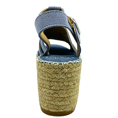 Rear view of an espadrille sandal with a chunky jute rope wedge sole