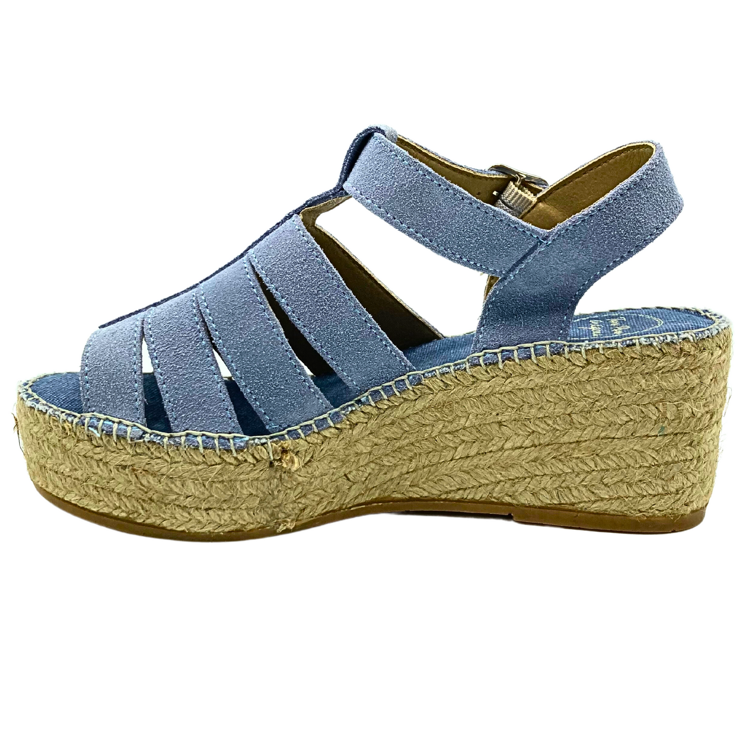 Inside view of chunky wedge espadrille sandal.  Jute rope outsole.