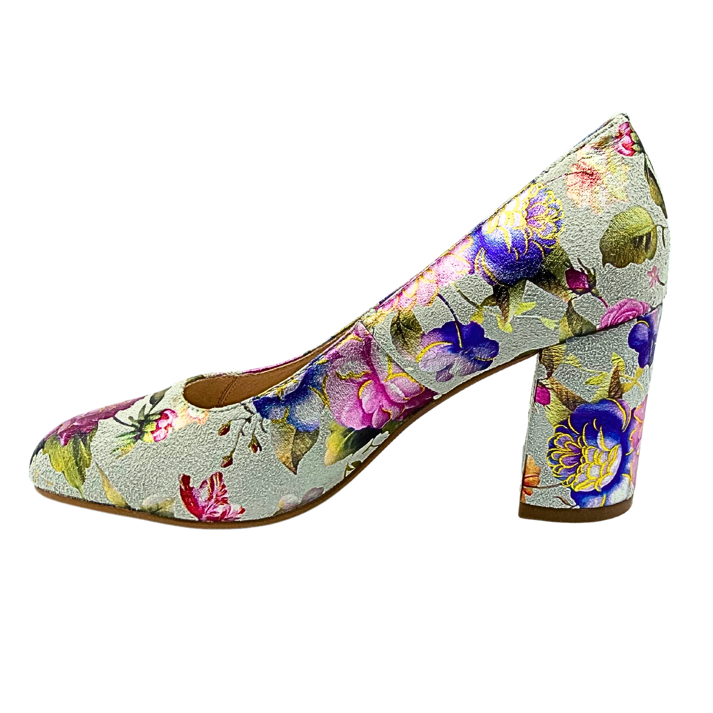 Inside view of a ladies pump shoe with a medium block heel.  Softly rounded toe.  Cream leater with paintee floral details in pinks/purples/yellow