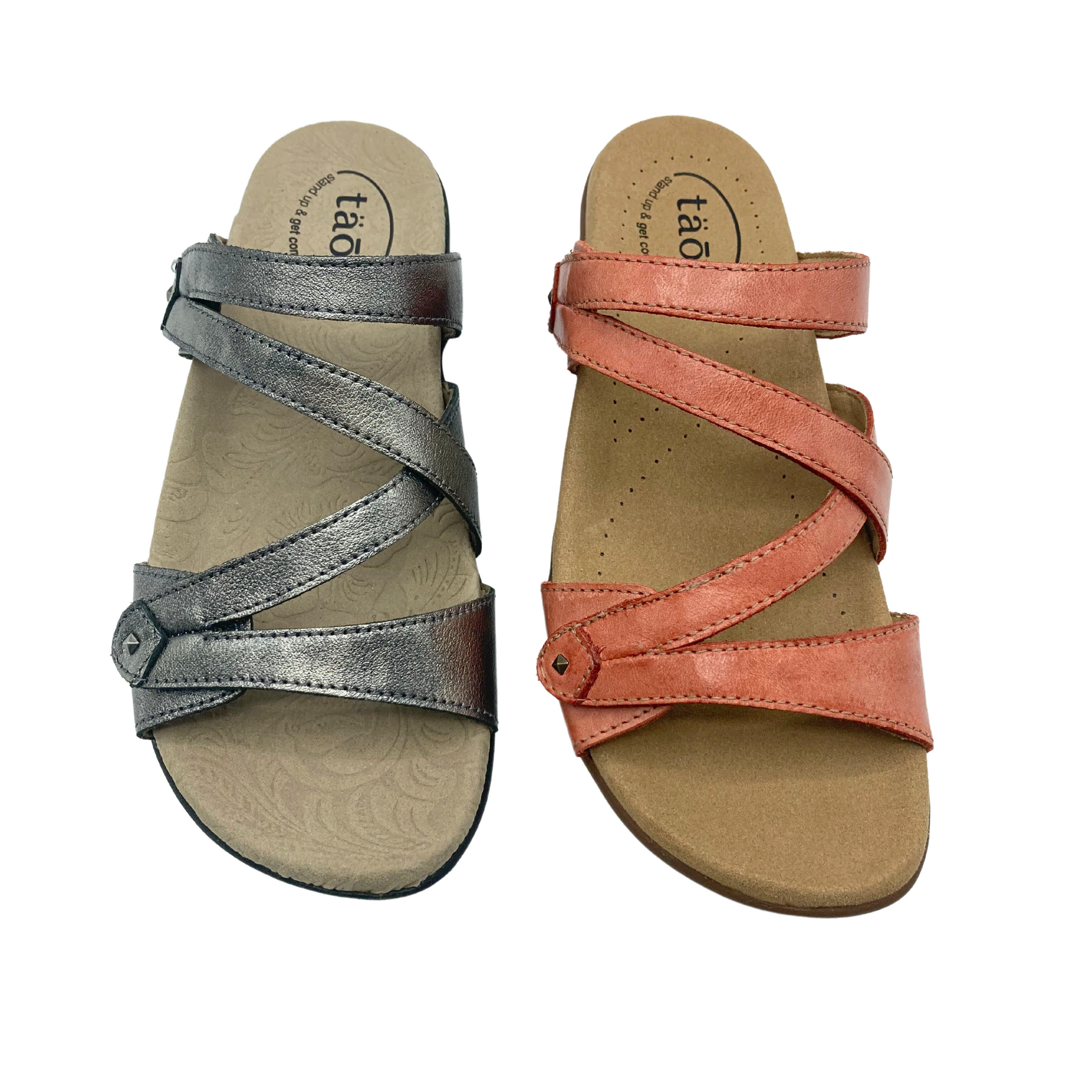 Top down view of the Taos Double U sandal in both Pewter and Bruschetta colors