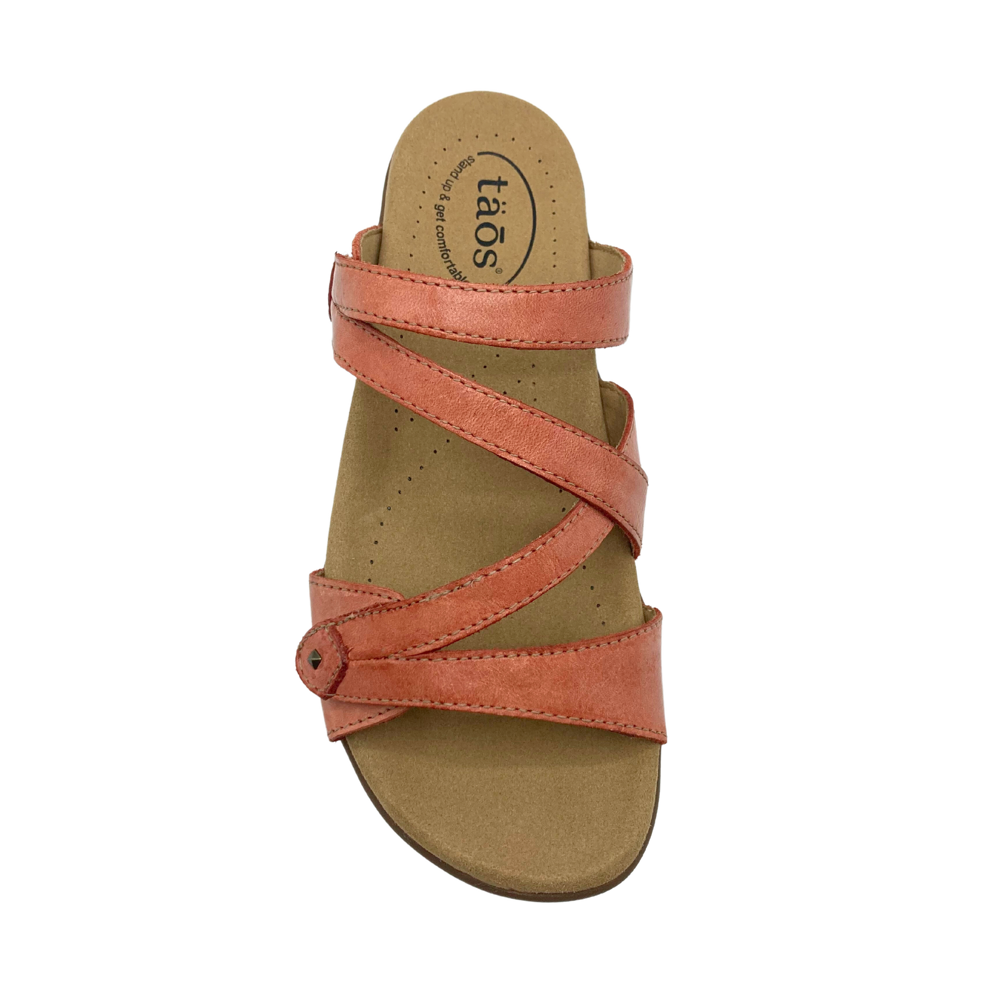 Top down view of right sandal in Taos Double U style color Bruschetta.  Adjustable cross straps at both forefoot and top provide great stability and support.