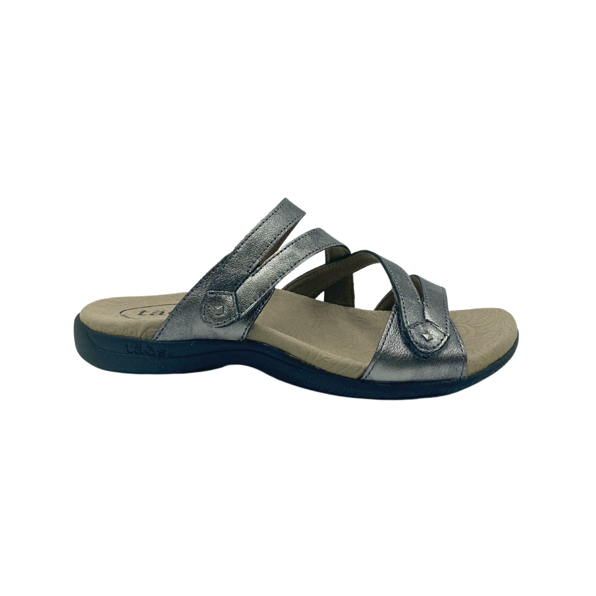 Outside angle view of right sandal in Taos Double U style Pewter.  Features open back and 2 adjustable velcro straps for best fit.