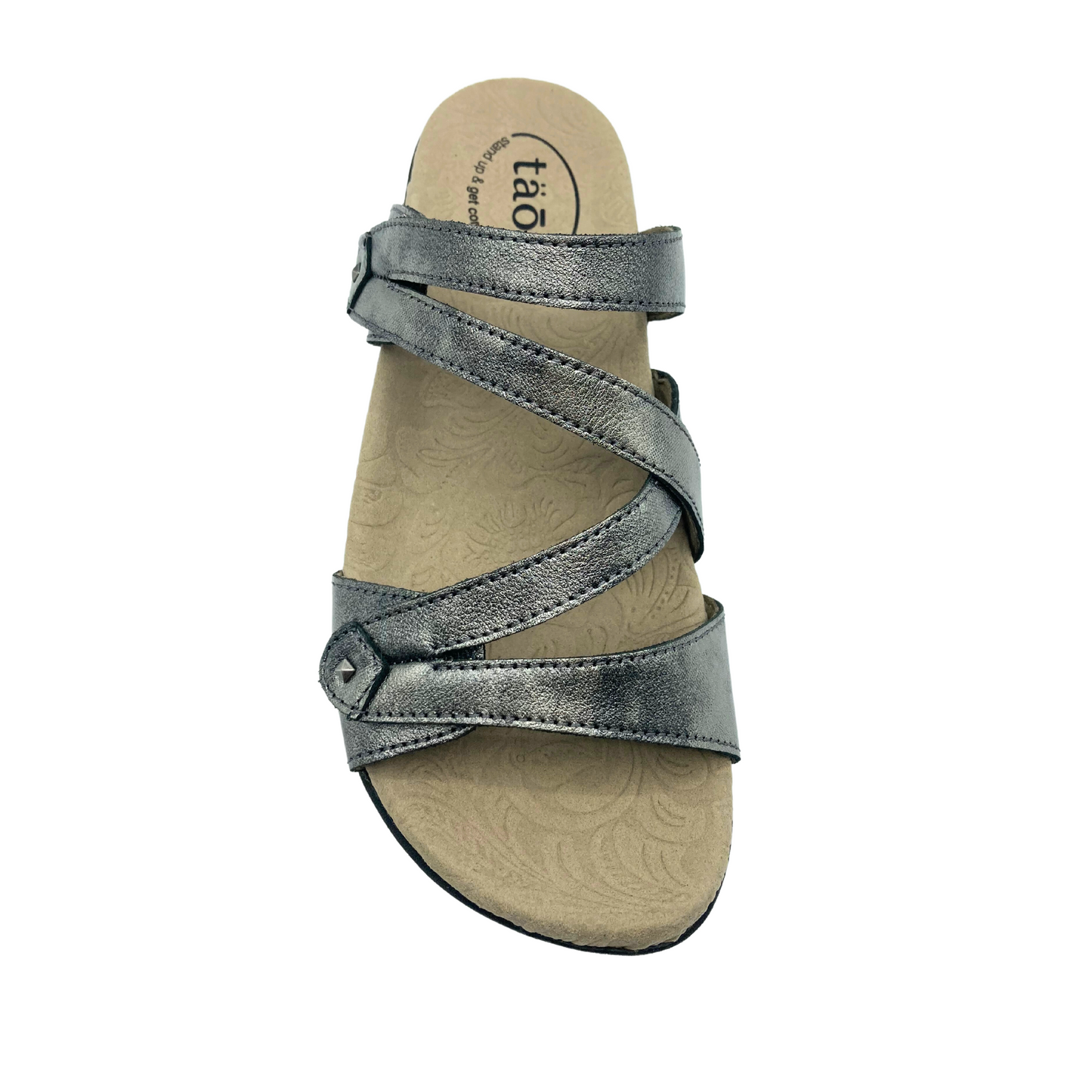 Top down view of Taos Double U in pewter.   Double strap mule sandal