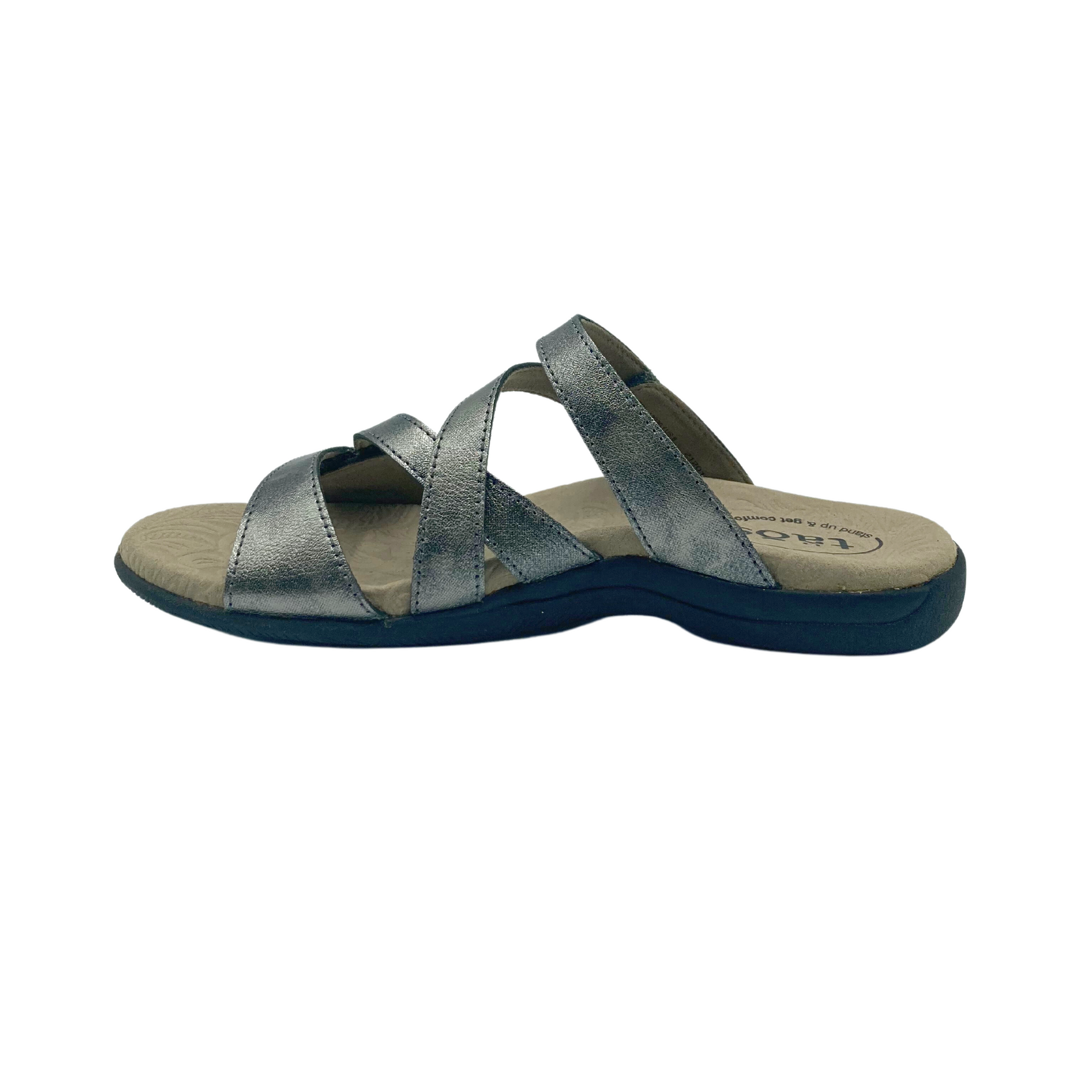 Inside view of right sandal in Taos Double U pewter.  Shows cross over straps that wrap around the arch.  