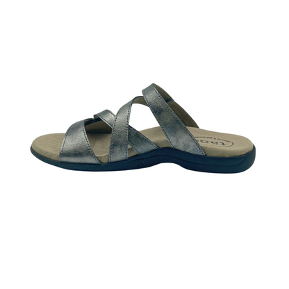 Inside view of right sandal in Taos Double U pewter.  Shows cross over straps that wrap around the arch.  