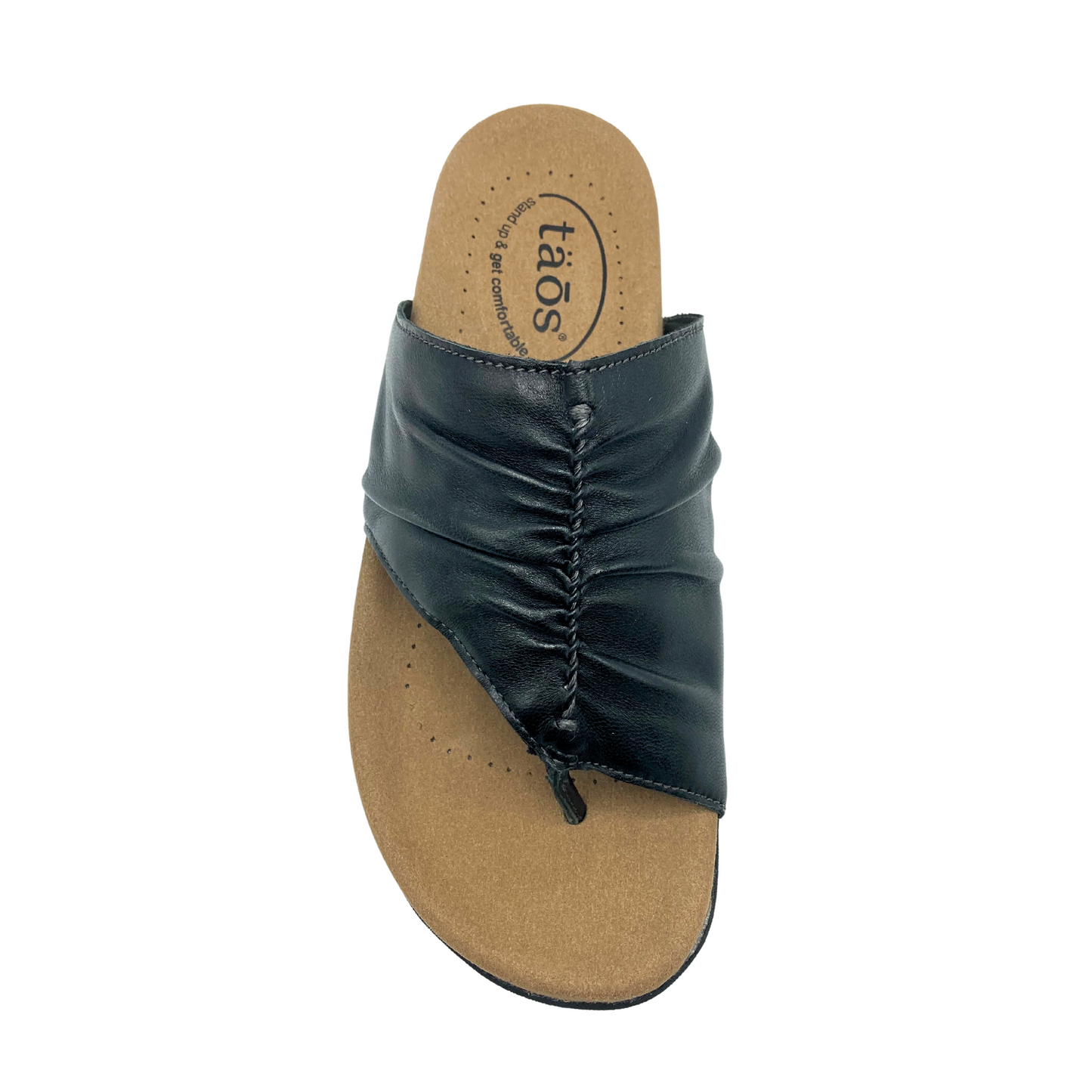 Top down view of the Taos Gift 2 mule sandal in black.  Ruching runs all across the top of the sandal.