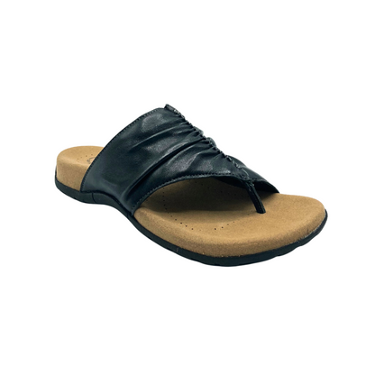Outside side angle view of the Taos Gift 2 mule sandal in black.