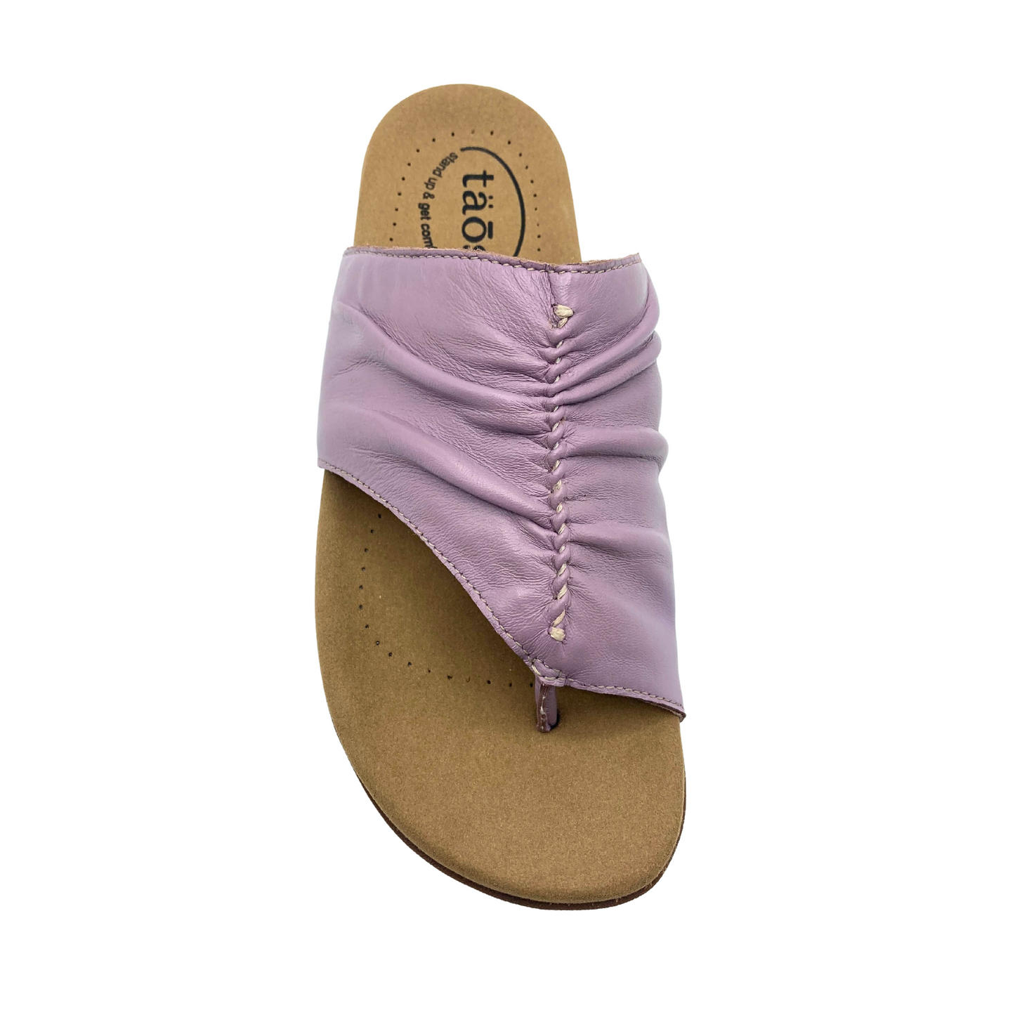 Top down view of the Taos Gift 2 in Lavender.  Stitch detail from toe post across the top provides a ruching detail.