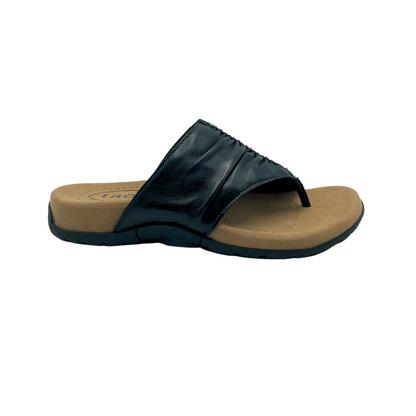 Outer side view of Taos Gift 2 sandal.  Wide band of leather provides great coverage and support to foot while also making it a great choice for those with bunions.