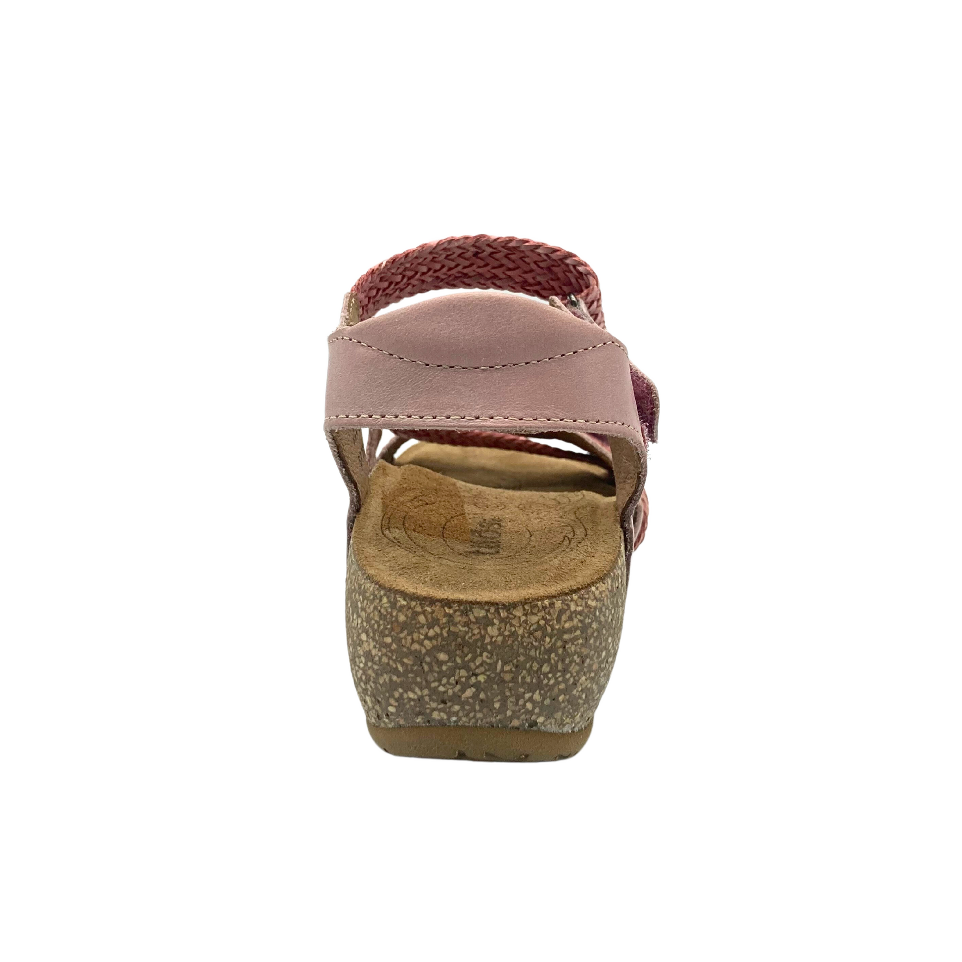 Rear shot of Taos Trulie style in vintage pink.  Cork sole and leather footbed.