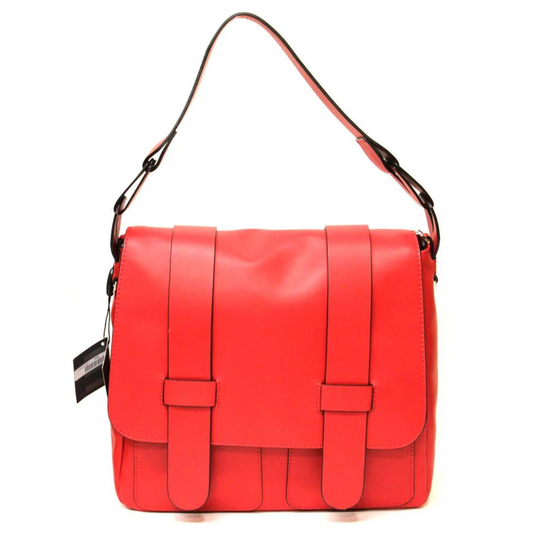 A photo of the Trend 2284548 in the colour red, showing the two straps across the front securing the bag. You can also see he top strap that can be used as a handle for easy transportation. 
