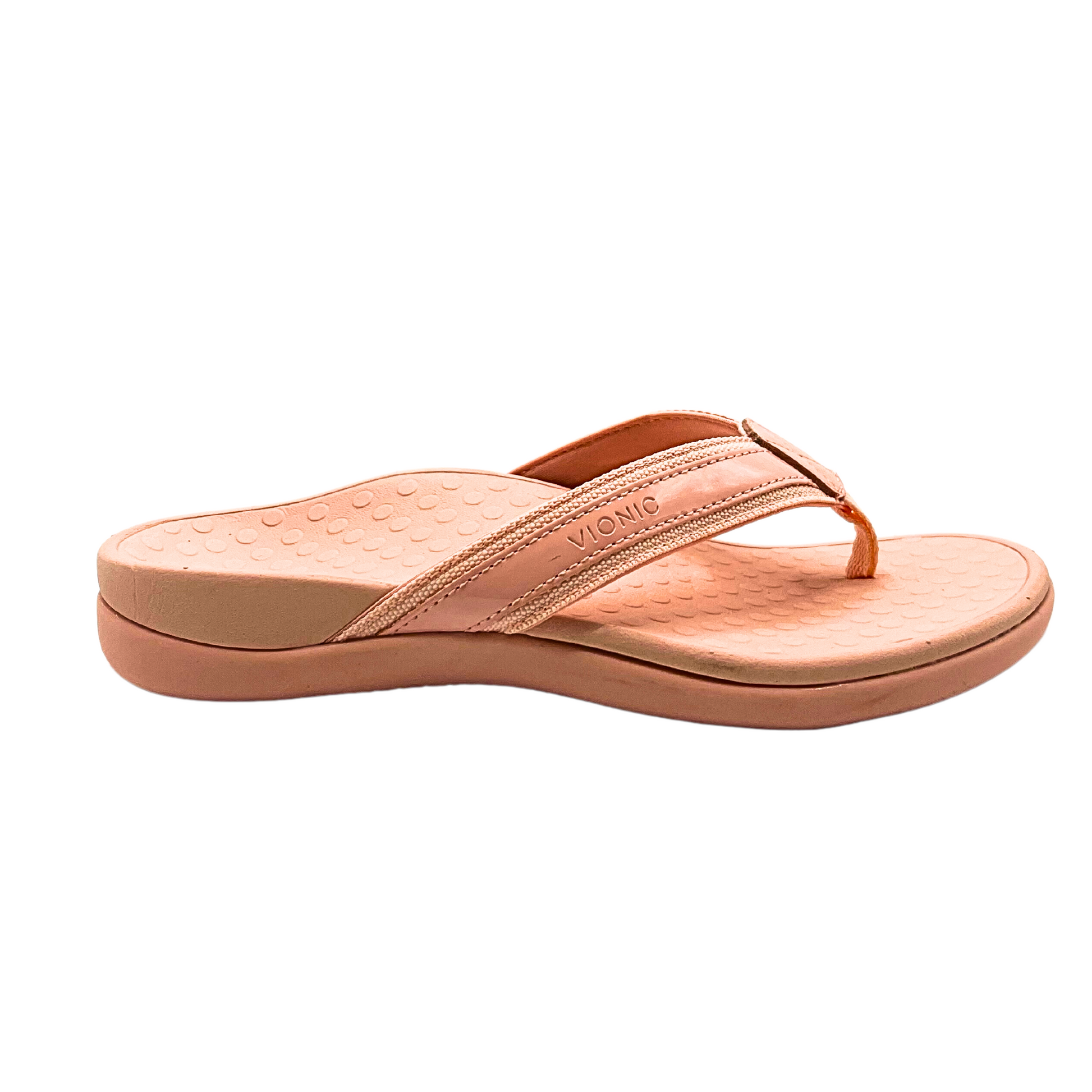 Outside view of a toe post flip flop by Vionic.  Nice, wide straps off the toe post.  Ergonomic, contoured footbed for great comfort and support