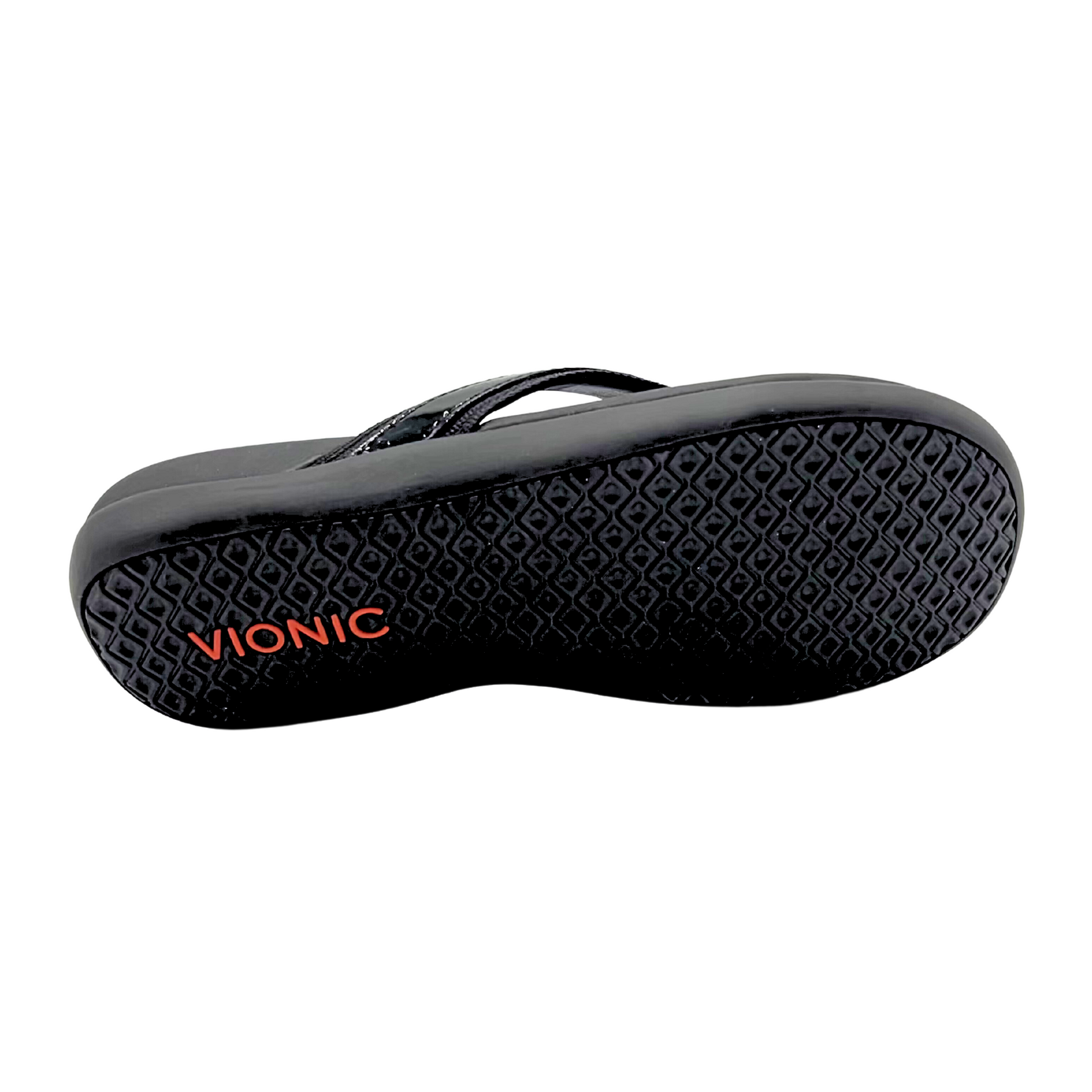 Sole of a flip flop sandal by Vionic.   Solid, rubber sole 