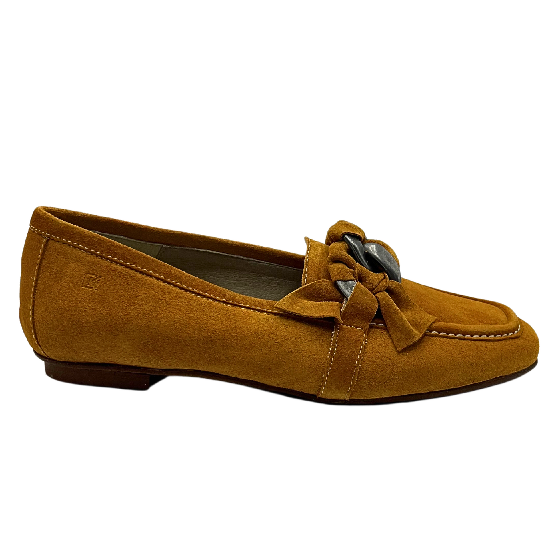 Outside view of moccasin style loafer.  Slip on style with knotted deatil at top with leather woven around a metallic element