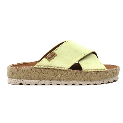 A side view of the sandal in the lima colour, showing the support and comfort of the soles and the straps.