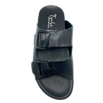Top down view of casual leather walking sandal in black leather.  Two wide straps across the foot - both with adjustable buckles