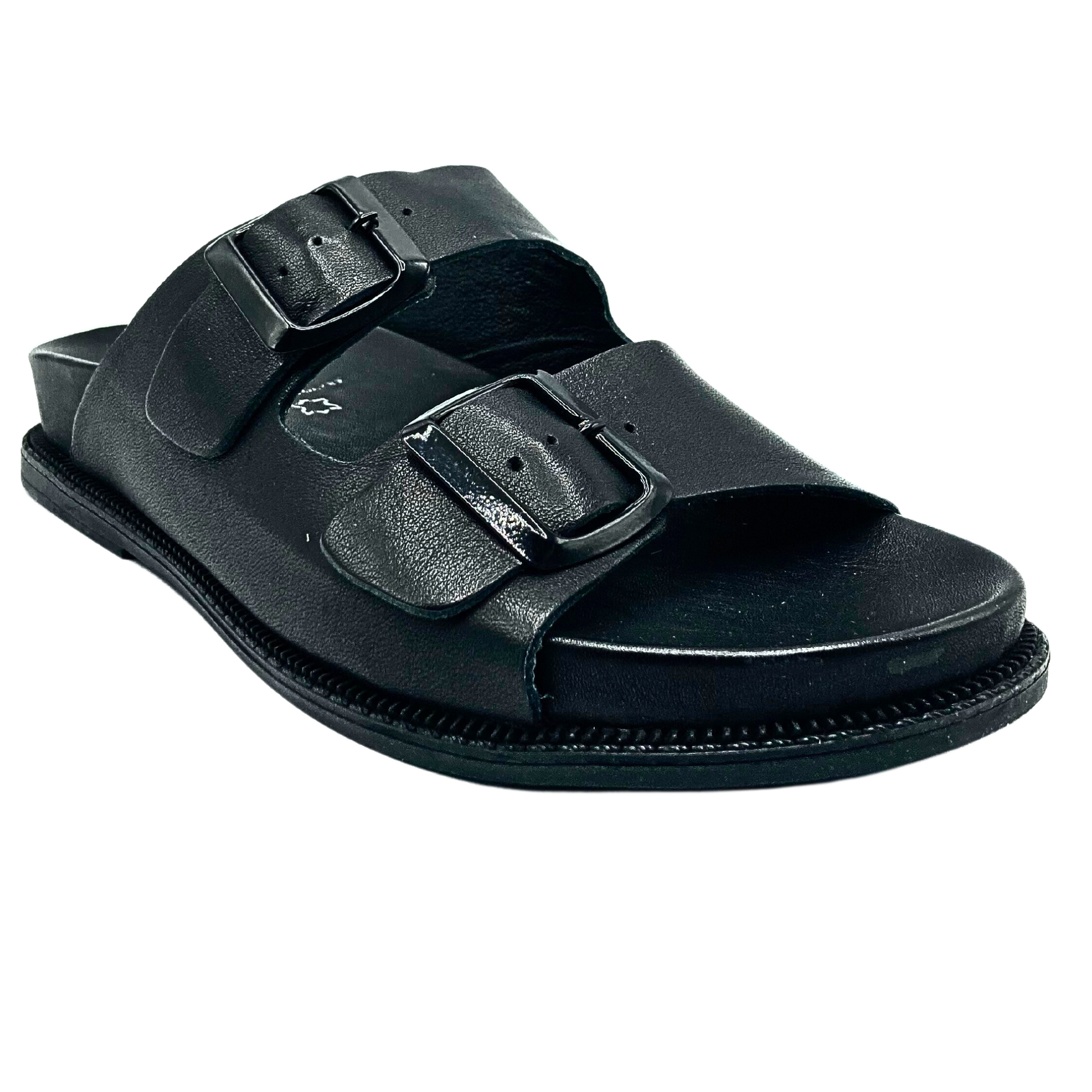 Angled side view of a black leather walking sandal.  Two adjustable wide straps across the top.  Open toe and heel