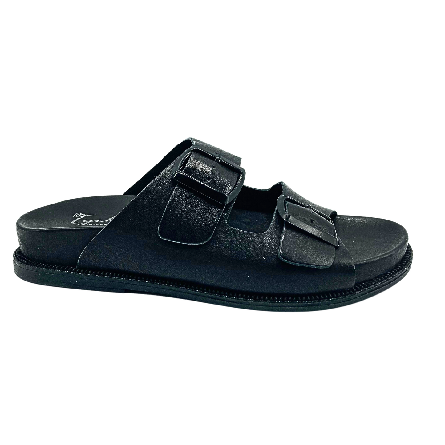 Outside view of slip on sandal.  Erogonomic insole.  Two wide, adjustable straps on top