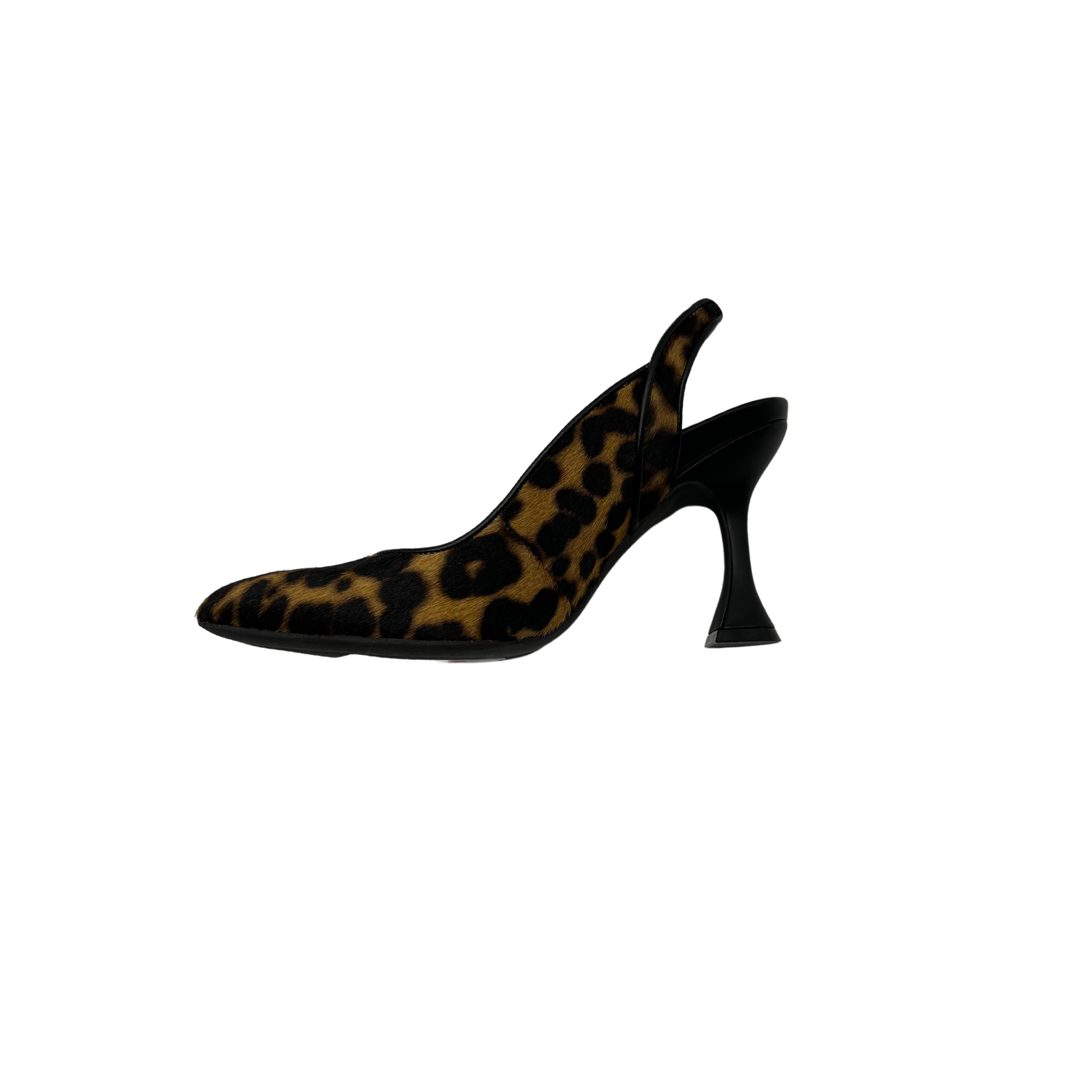 Inside view of slingback sandal with closed toe and hourglass heel.  Shown in a leopard print leather