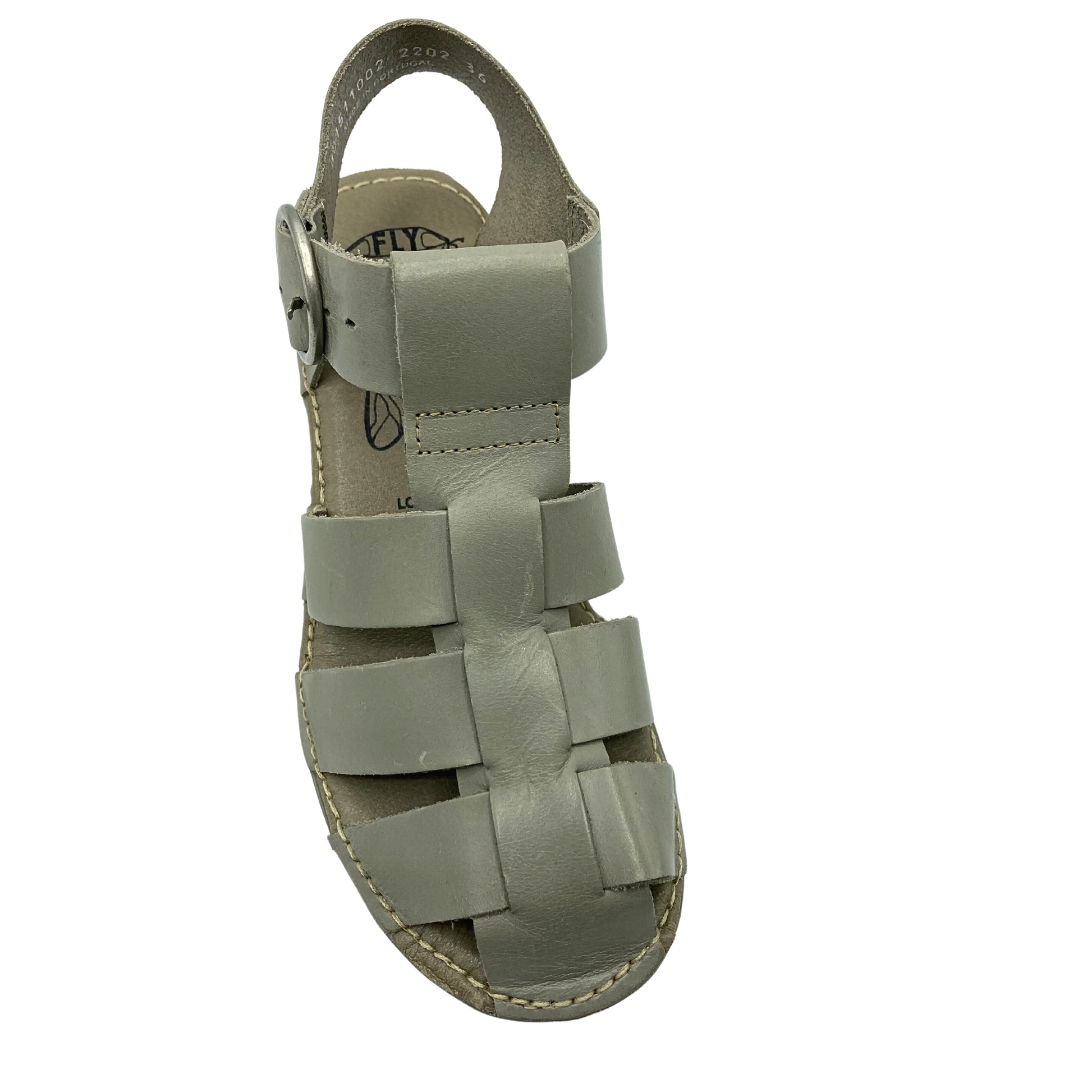 Top down view of a fisherman style sandal in a taupe/gray color