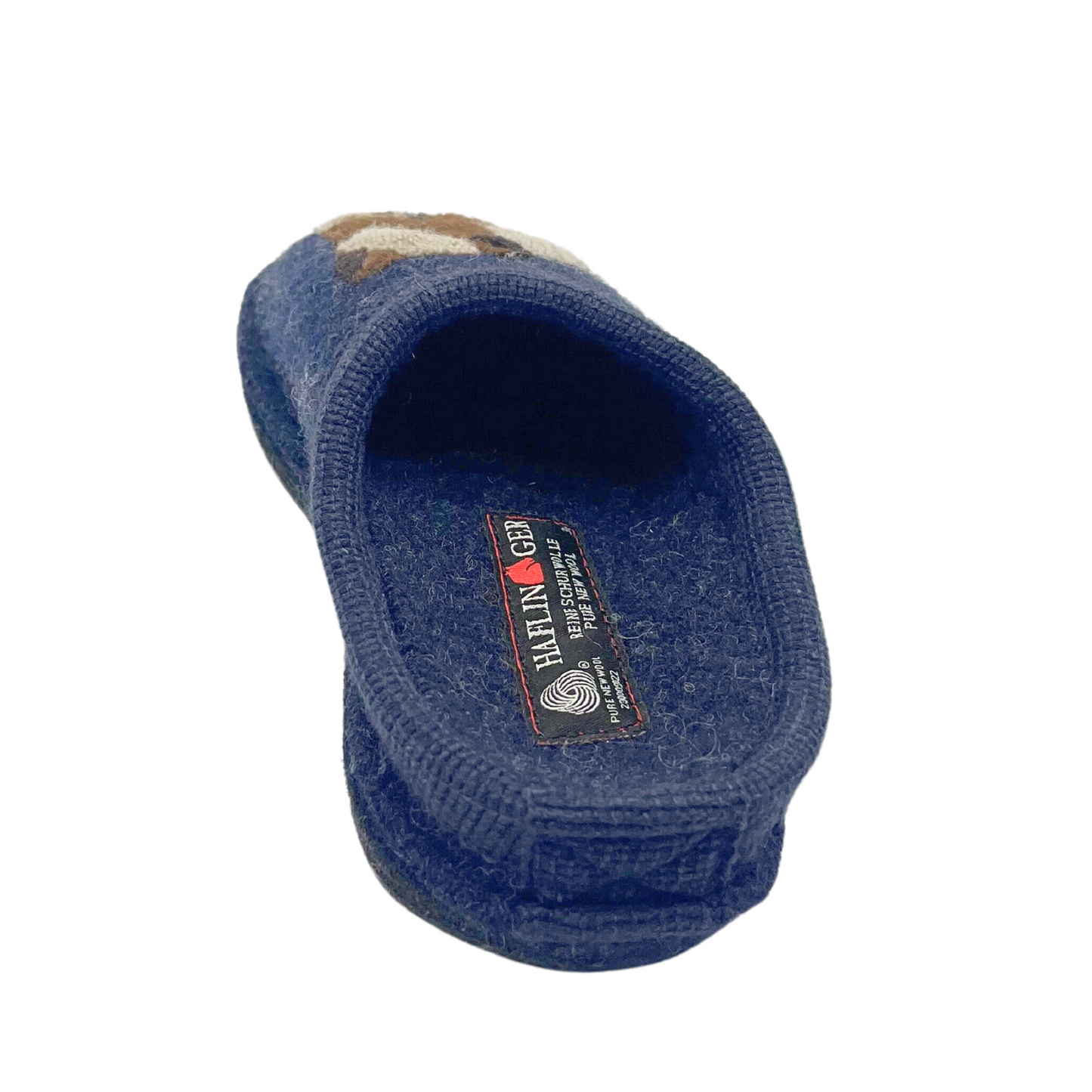 Rear view of a boild wool slipper with an anatomical foobed and slip resistant sole.  Slip on style